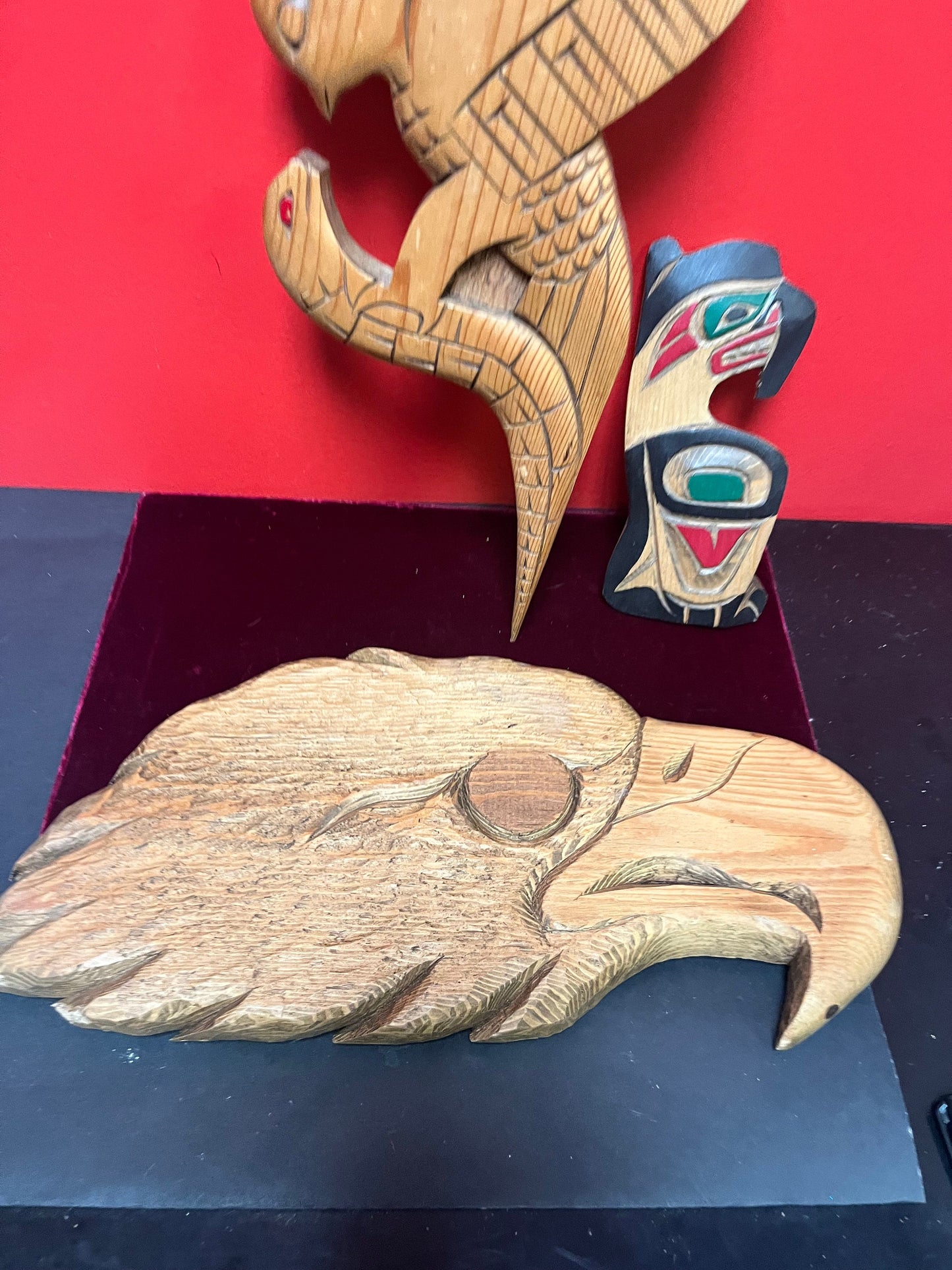 3 I Indigenous First Nations Pacific North West Coast carving plaques  8 to 19 inches tall  winner takes all  great value