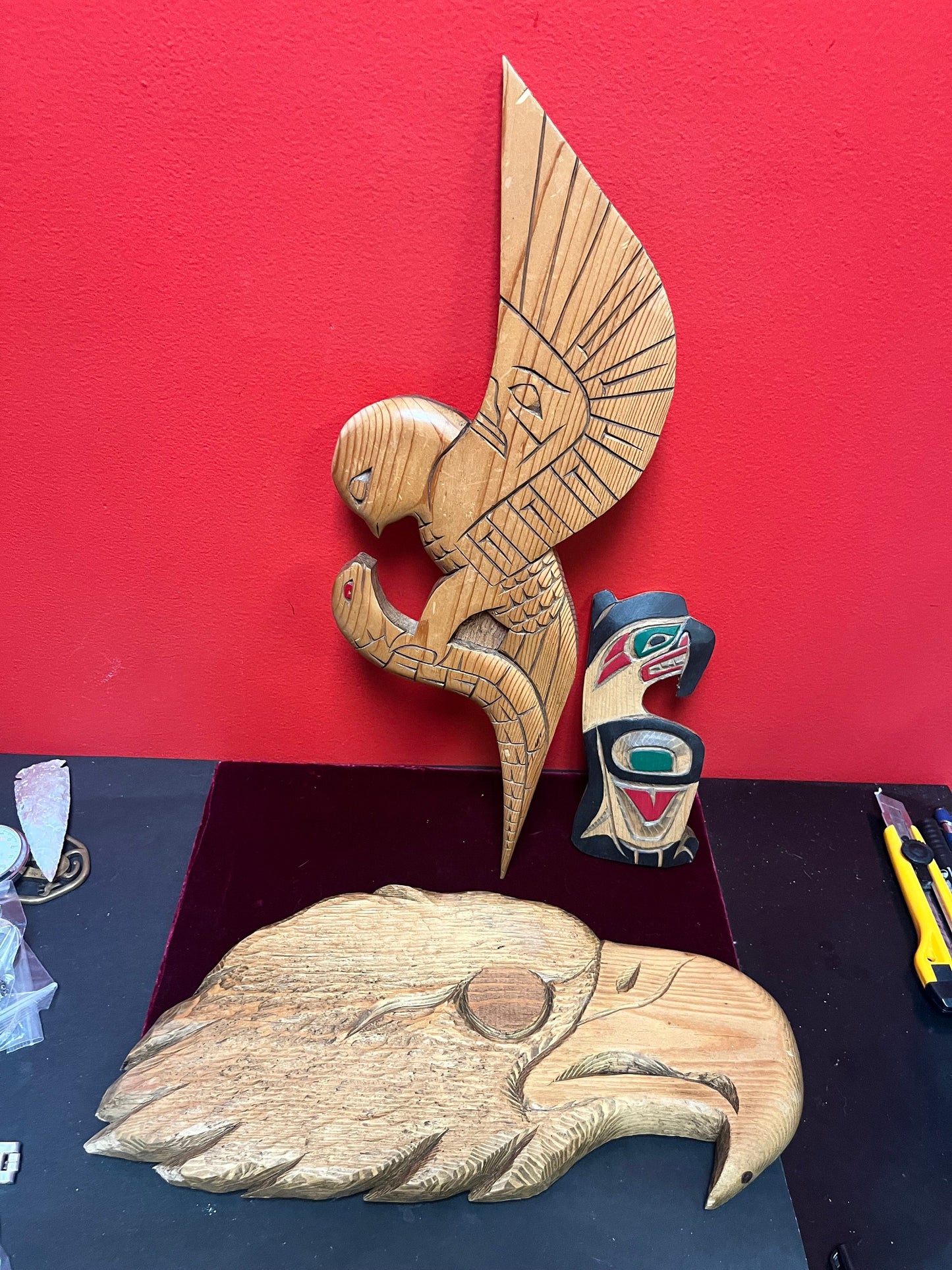 3 I Indigenous First Nations Pacific North West Coast carving plaques  8 to 19 inches tall  winner takes all  great value