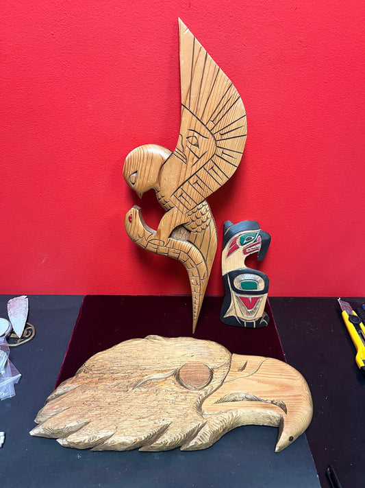 3 I Indigenous First Nations Pacific North West Coast carving plaques  8 to 19 inches tall  winner takes all  great value
