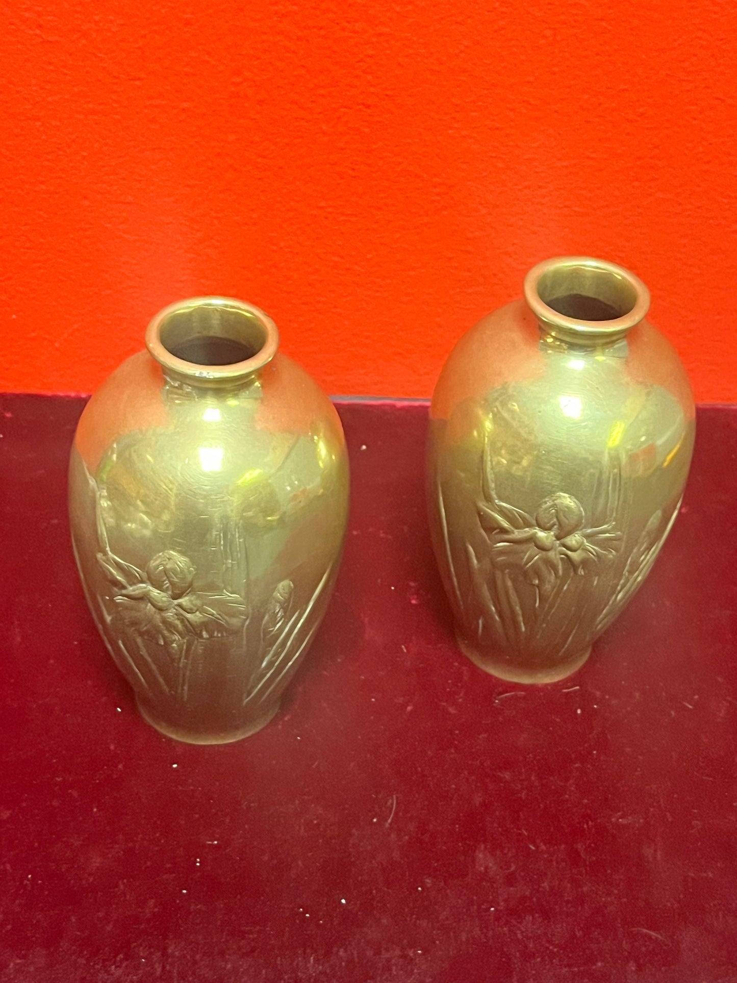 5 inch Japanese brass vase  2 available  lovely condition