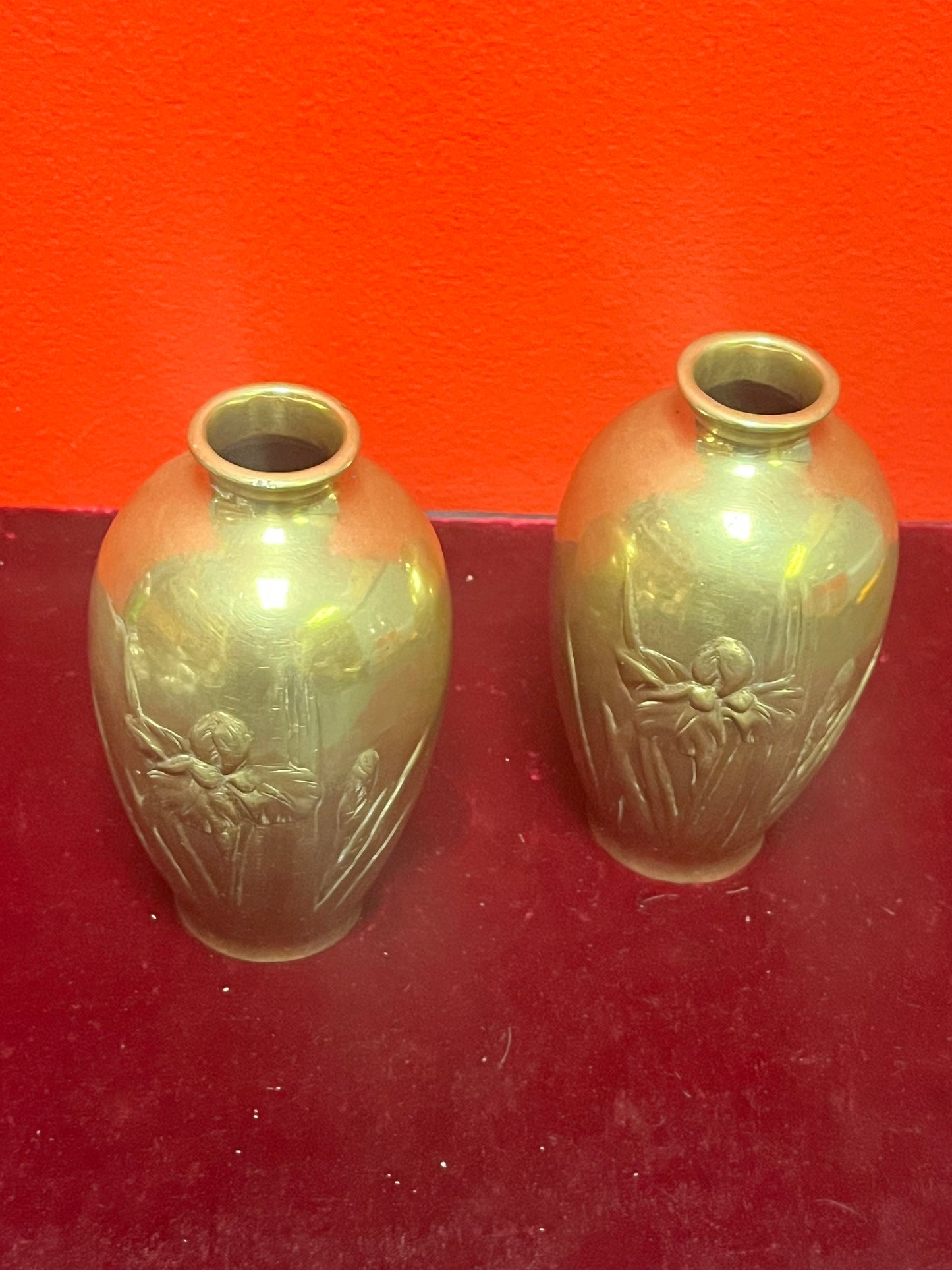 5 inch Japanese brass vase  2 available  lovely condition