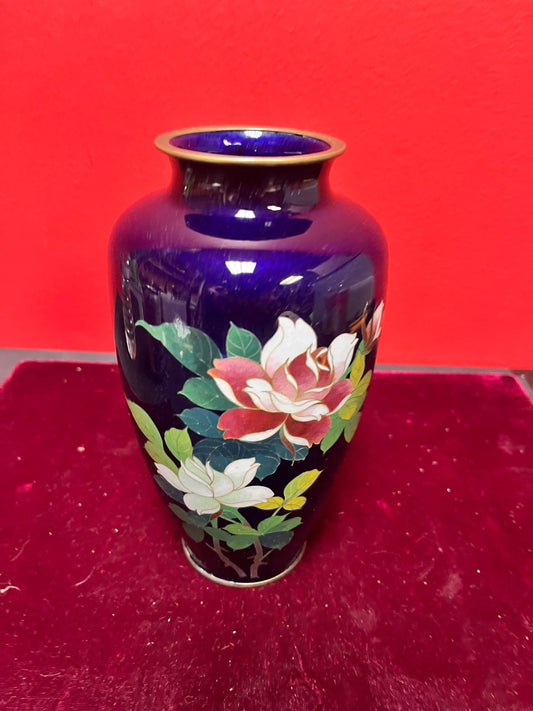 Fabulous 8 inch Chinese cloisonné rich blue vase in mint condition— wonderful detail
