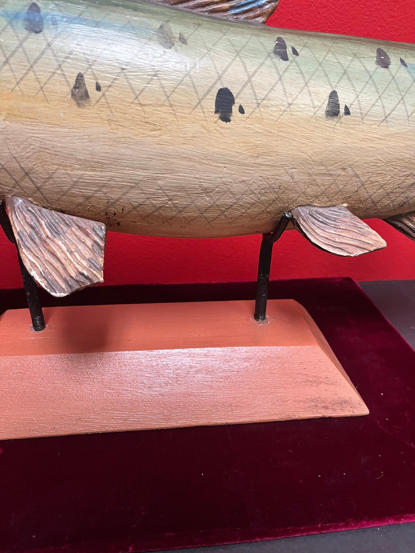 Antique wooden folk art fish on modern stand  unbelievable quality and condition  21 x 10 high without stand  fishing beauty -