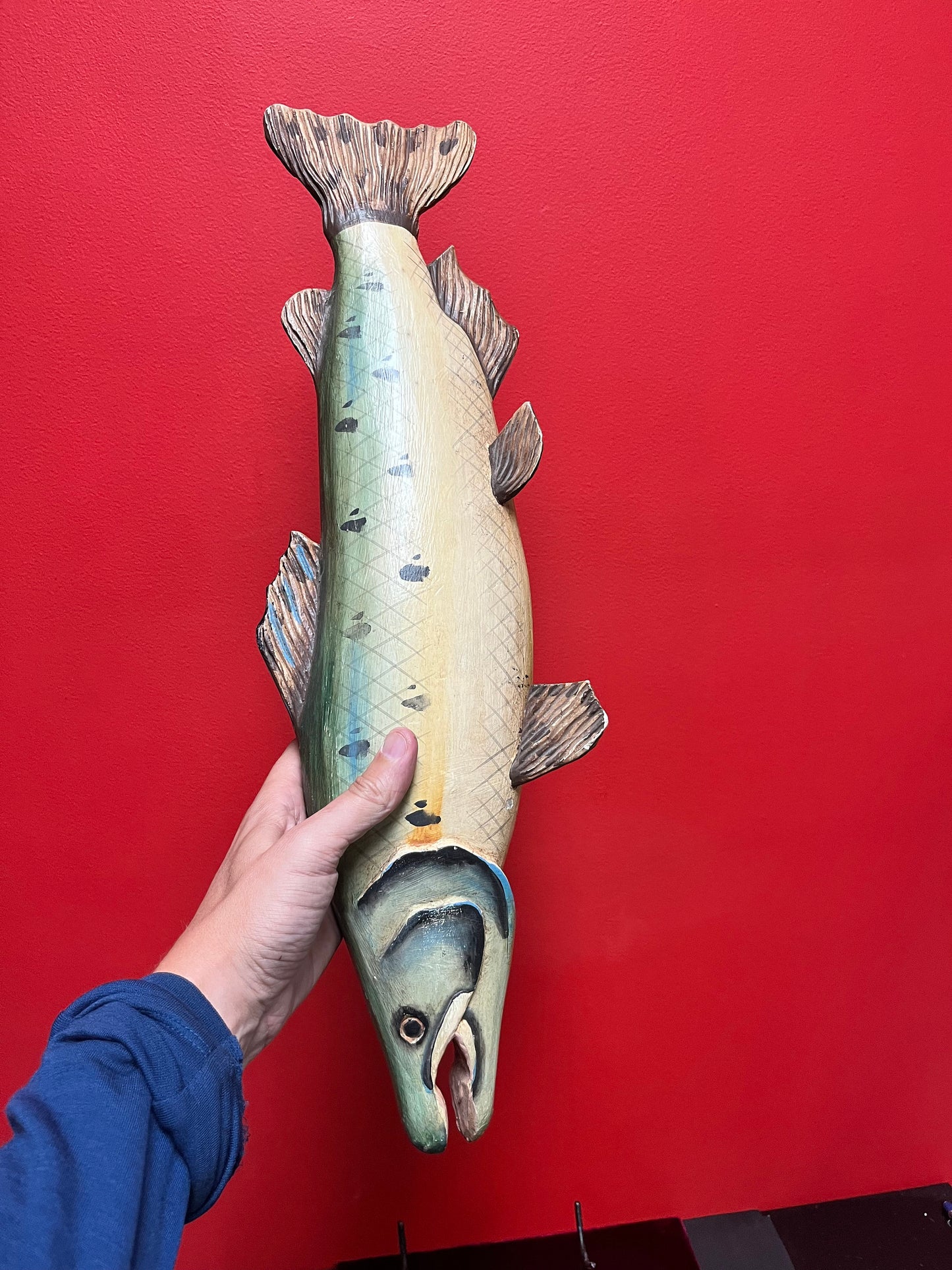 Antique wooden folk art fish on modern stand  unbelievable quality and condition  21 x 10 high without stand  fishing beauty -