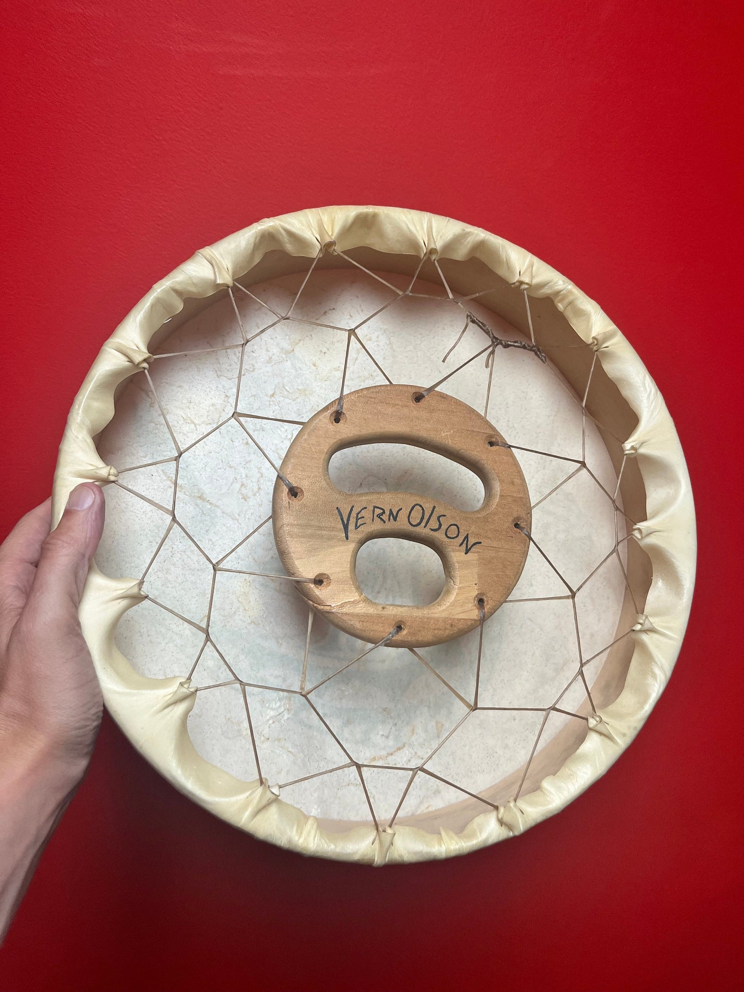 Lovely 14 inch indigenous first nations drum signed  sea monster  Vern Olson  great condition and sound  amazing gift