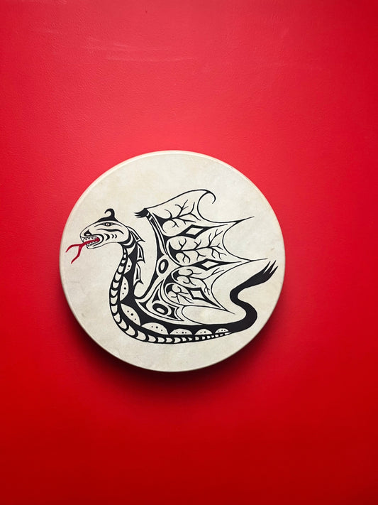 Lovely 14 inch indigenous first nations drum signed  sea monster  Vern Olson  great condition and sound  amazing gift