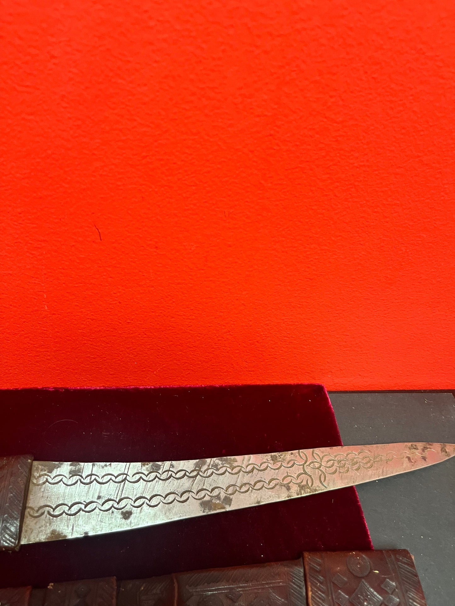 Lovely antique 19 inch Middle Eastern knife in original leather sheath   quite good condition  unique gift