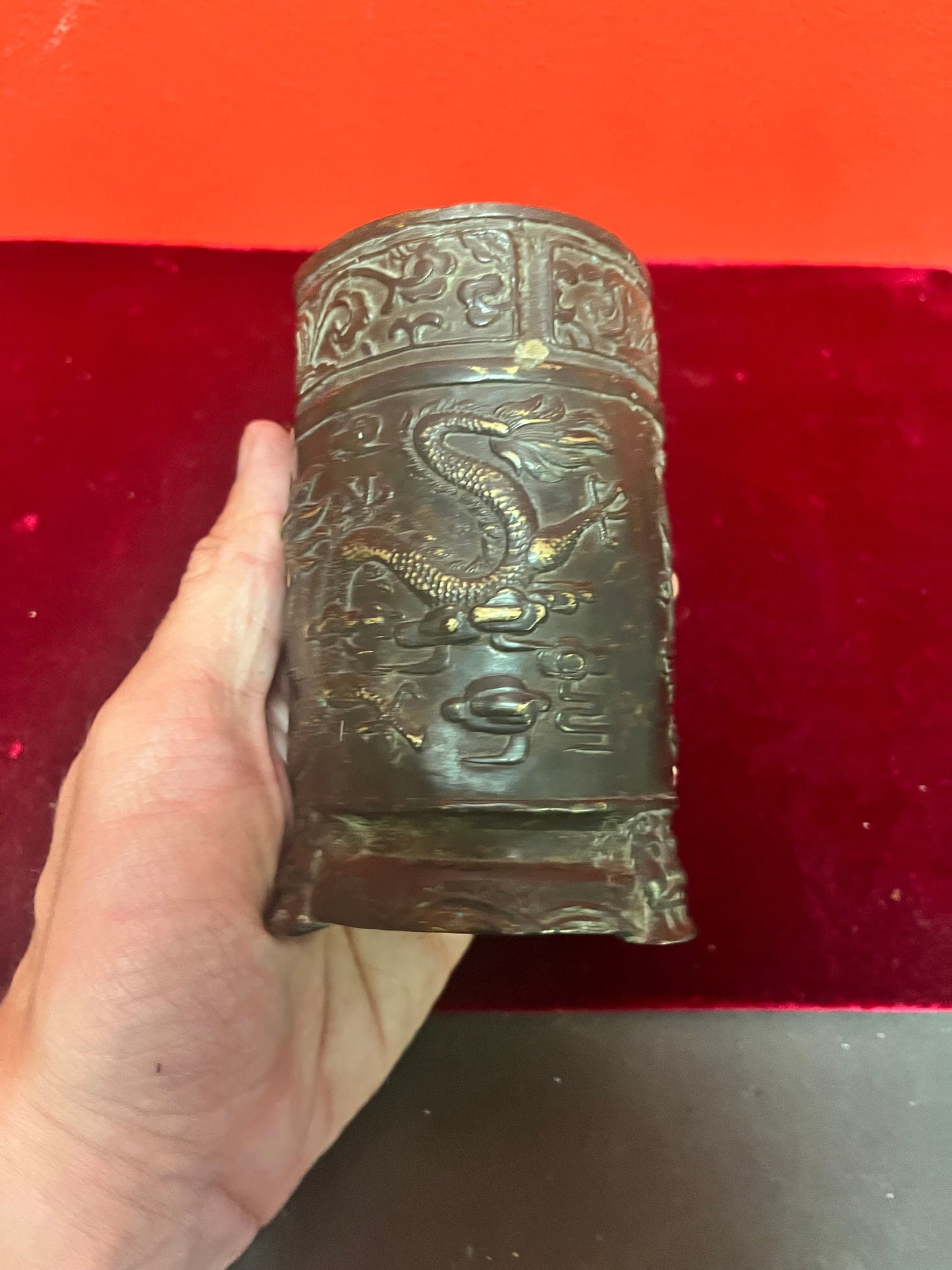 Beautiful 5 inch high signed antique Chinese metal dragon vase  very cool and heavy