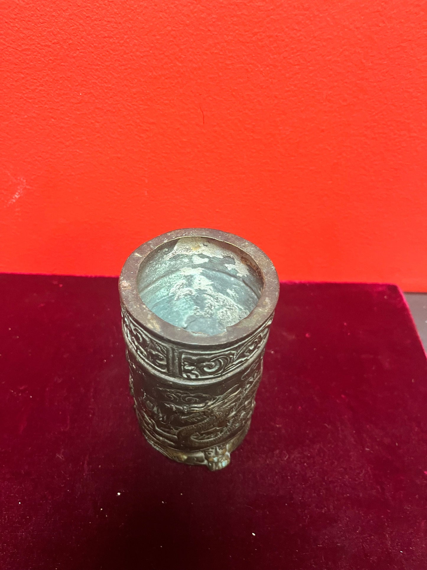 Beautiful 5 inch high signed antique Chinese metal dragon vase  very cool and heavy