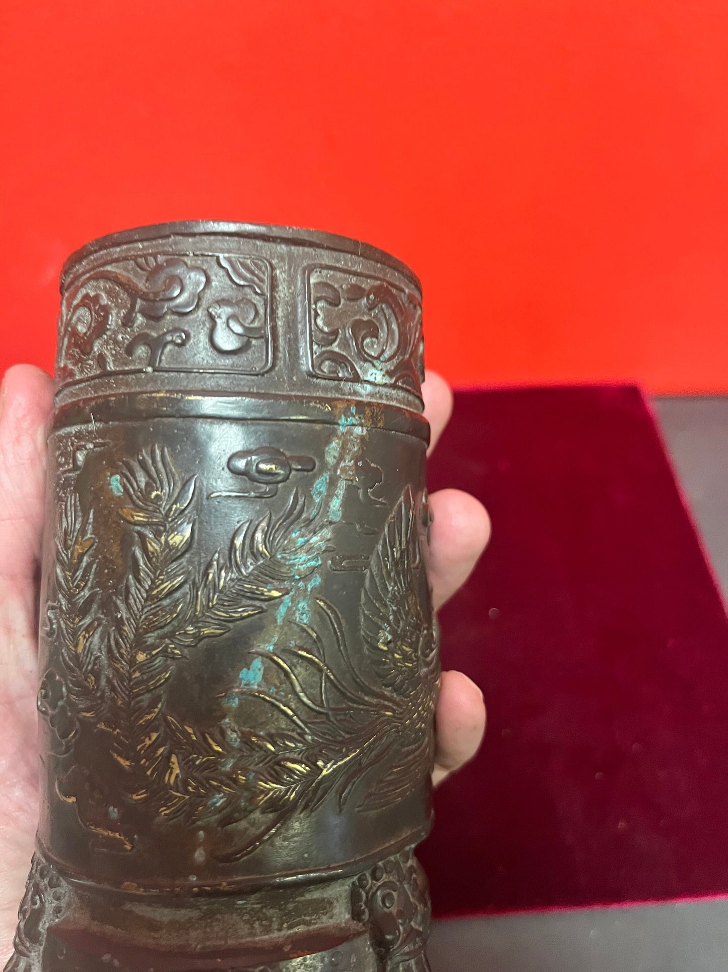 Beautiful 5 inch high signed antique Chinese metal dragon vase  very cool and heavy