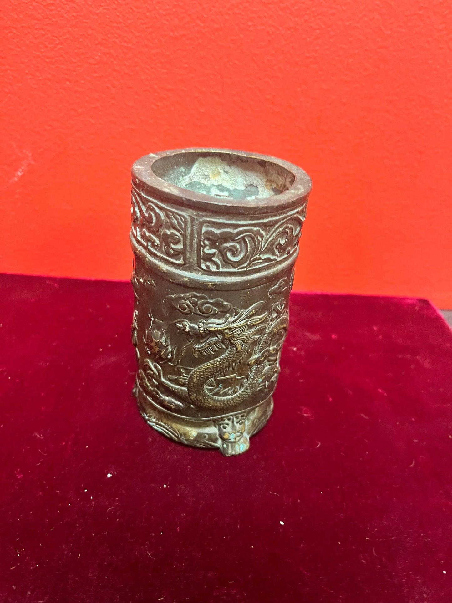 Beautiful 5 inch high signed antique Chinese metal dragon vase  very cool and heavy