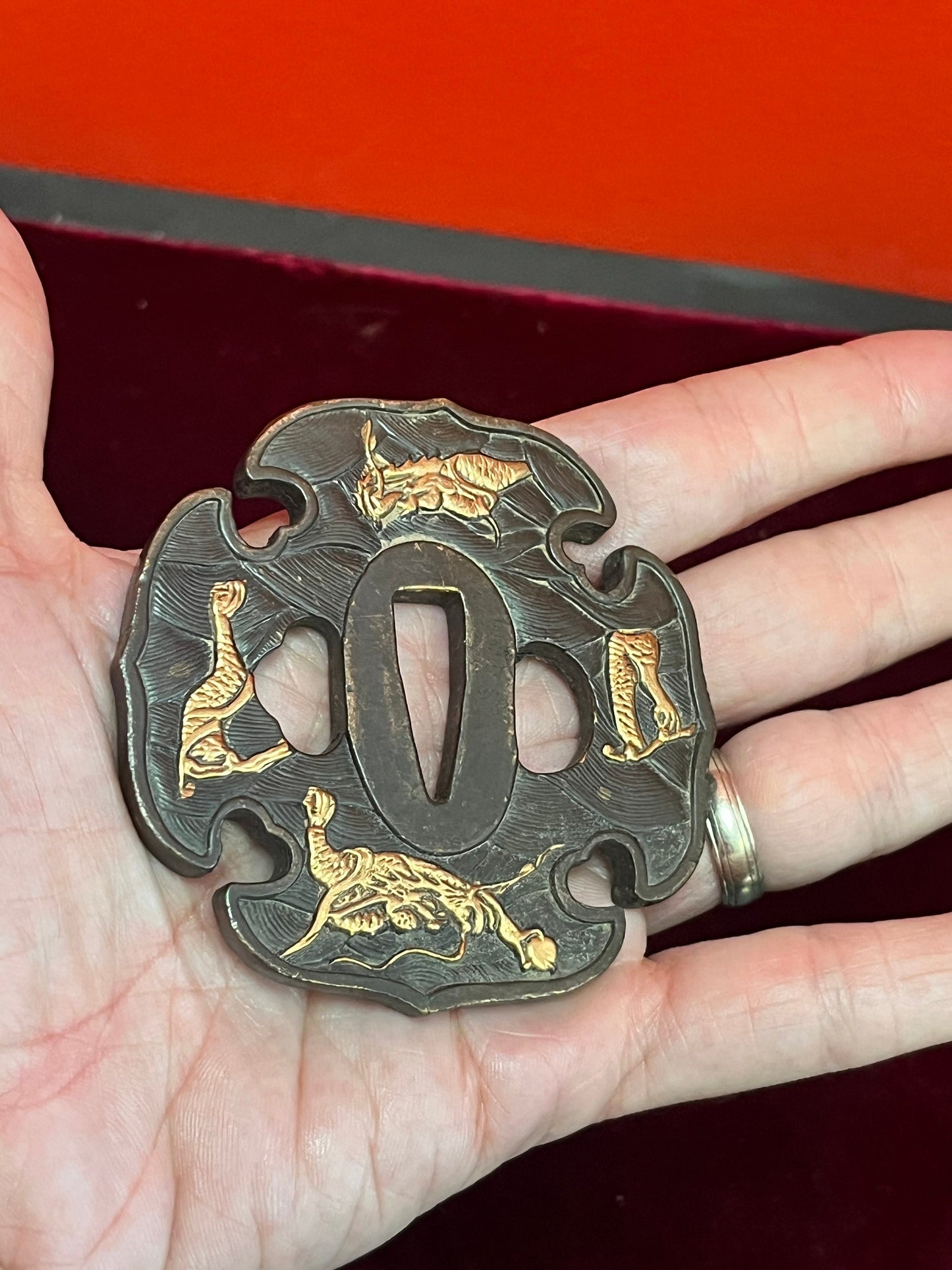 Fabulous 3 inch Japanese bronze and gilt samurai tsuba  antique in good condition