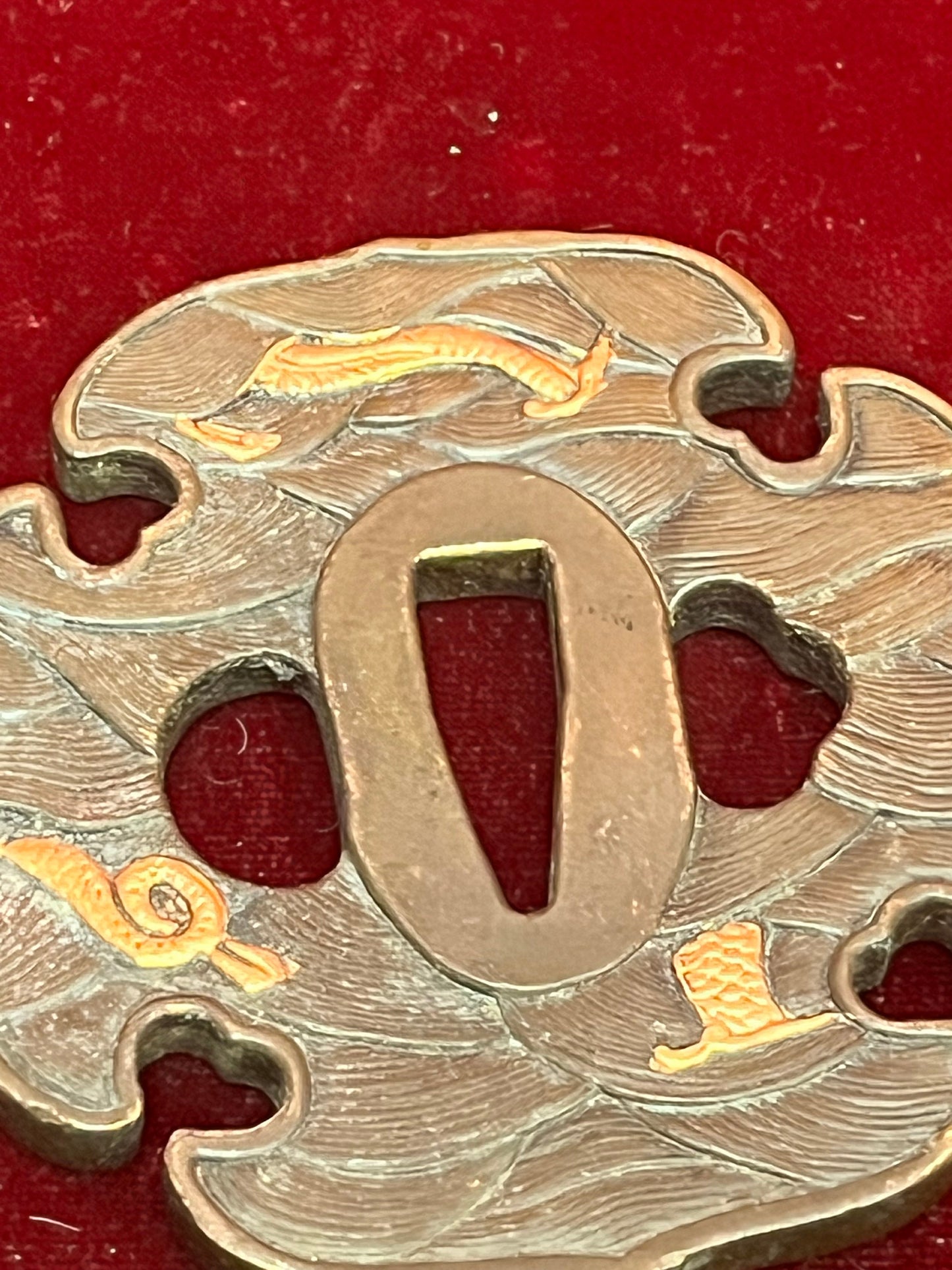 Fabulous 3 inch Japanese bronze and gilt samurai tsuba  antique in good condition