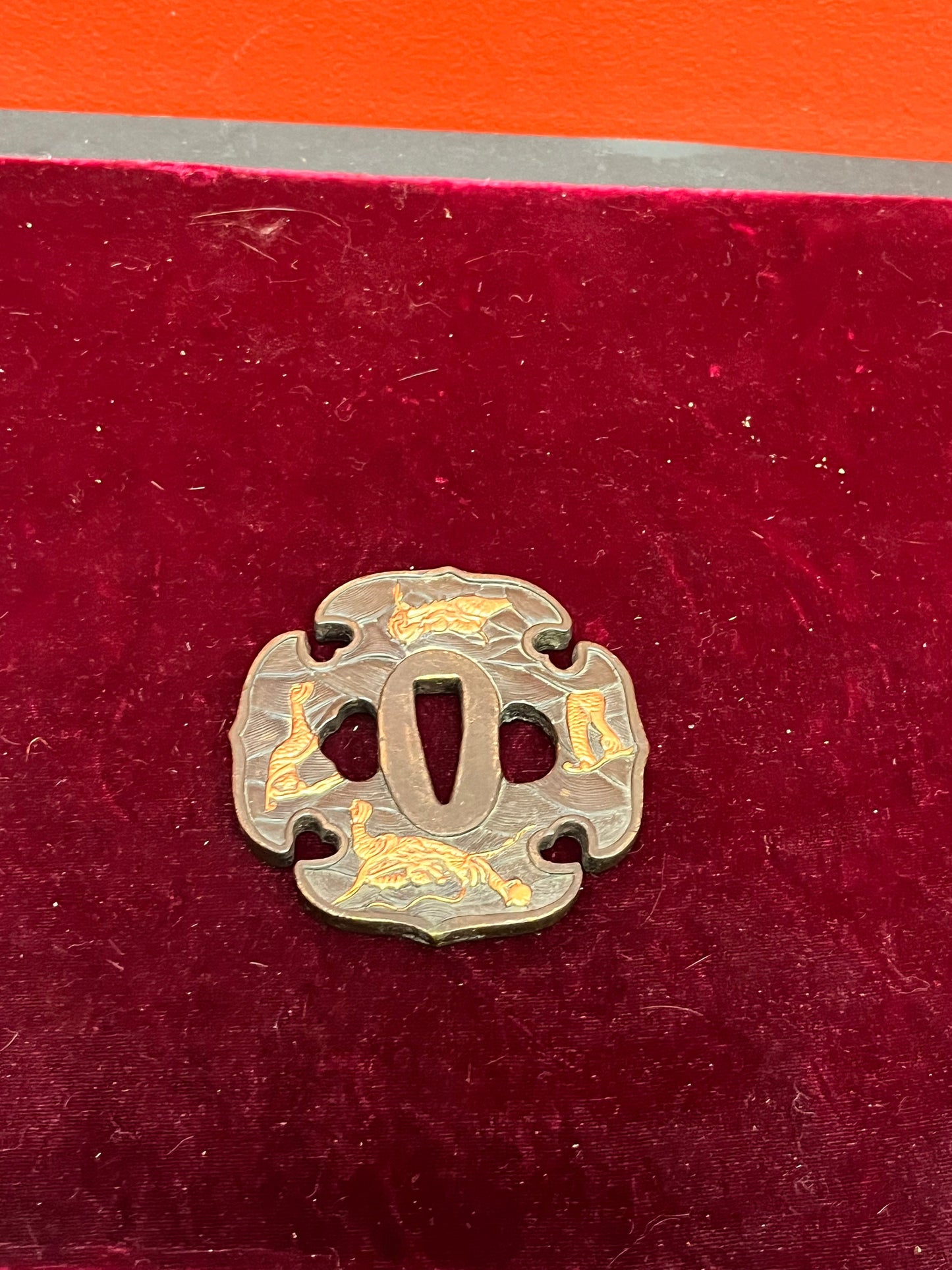 Fabulous 3 inch Japanese bronze and gilt samurai tsuba  antique in good condition