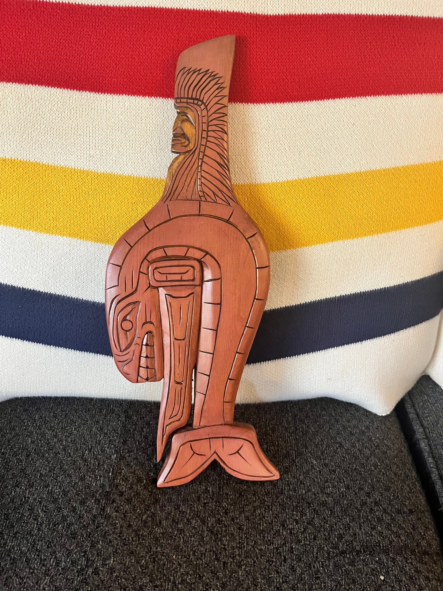 Lovely 15 inch tall indigenous First Nations pacific northwest coast signed killer whale chief plaque  great detail