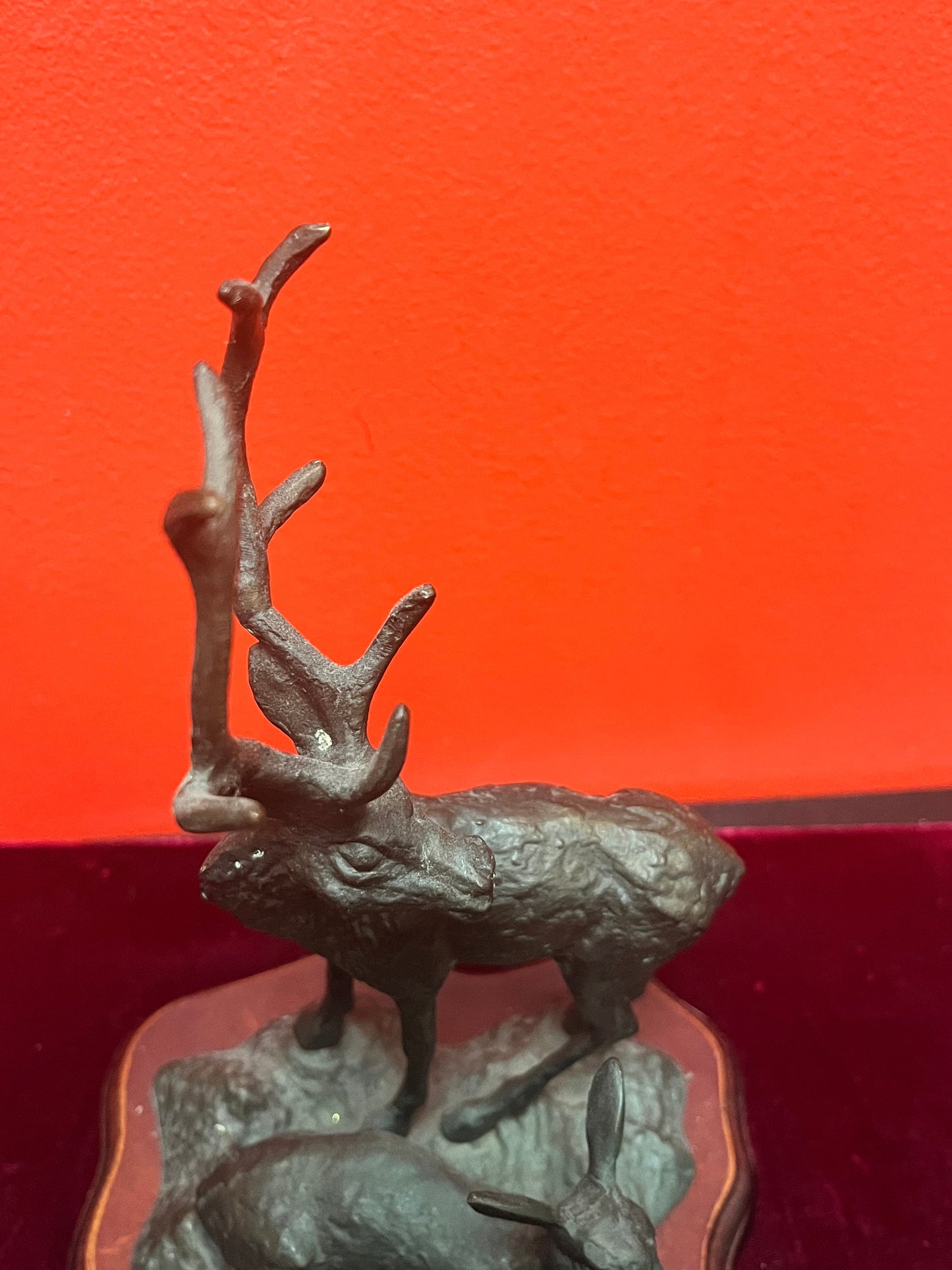 Beautiful 10 inch high older bronze stag and fawn on base  lovely Patina