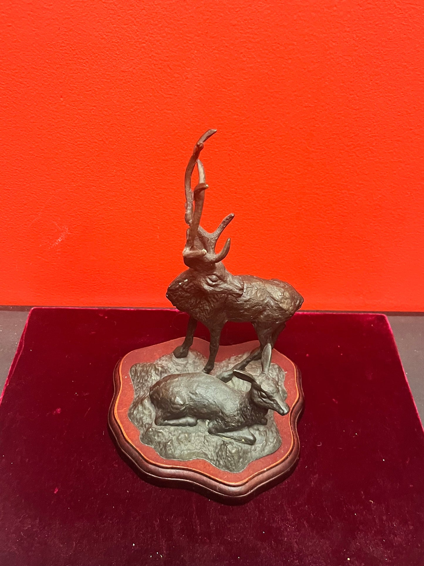 Beautiful 10 inch high older bronze stag and fawn on base  lovely Patina