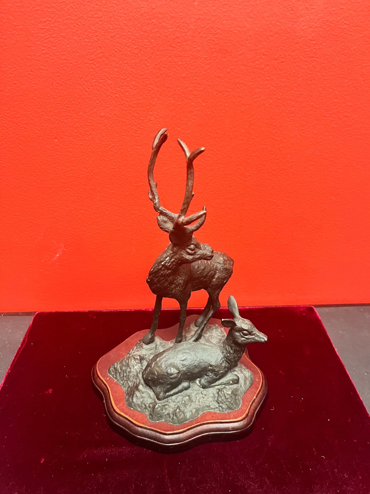 Beautiful 10 inch high older bronze stag and fawn on base  lovely Patina