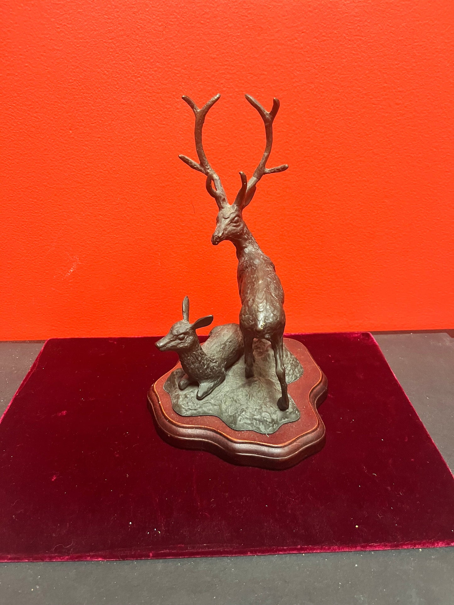 Beautiful 10 inch high older bronze stag and fawn on base  lovely Patina