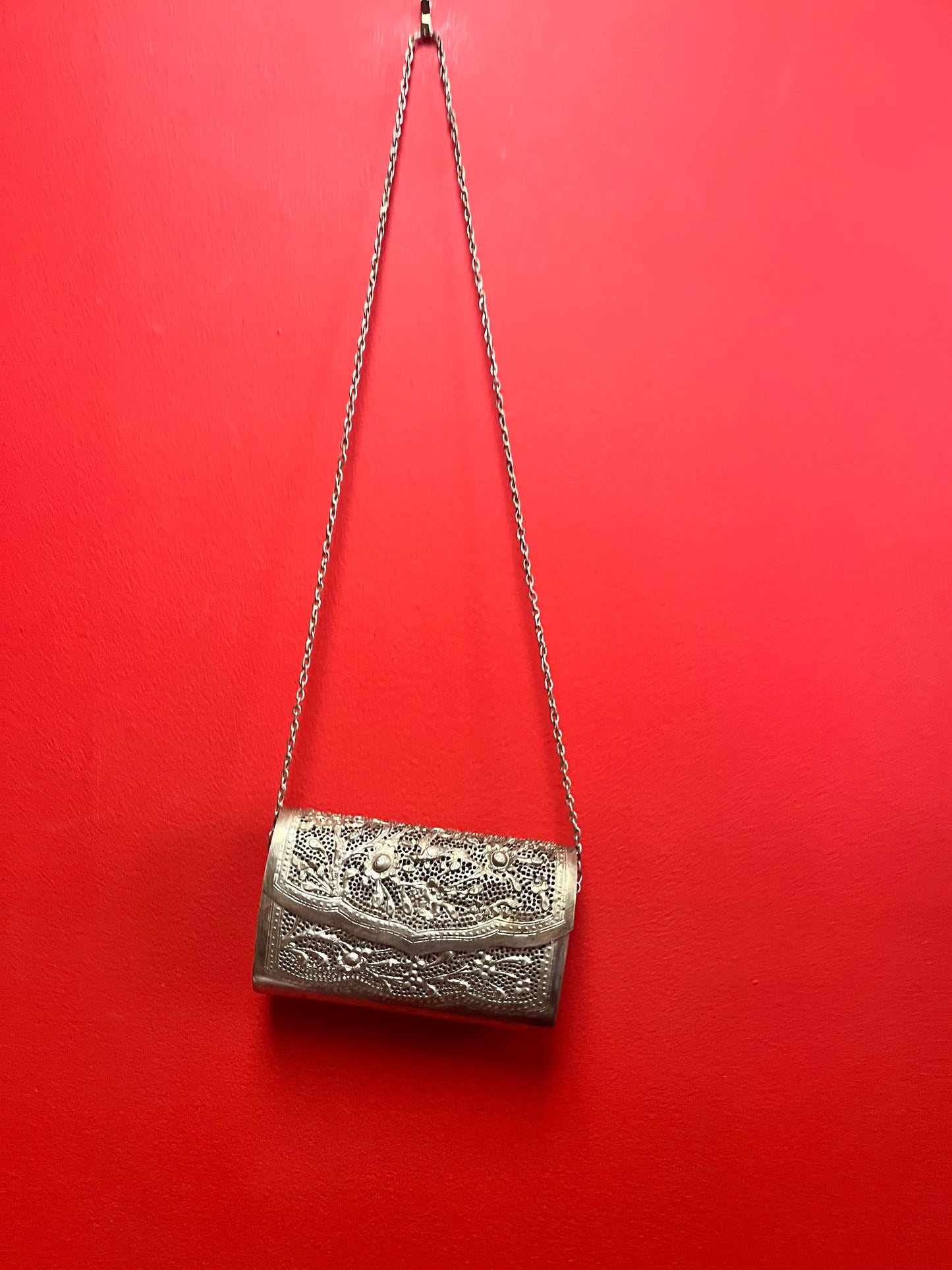 Beautiful 6 1/2 x 5 high silver filigree Cambodian Purse with chain  unique piece