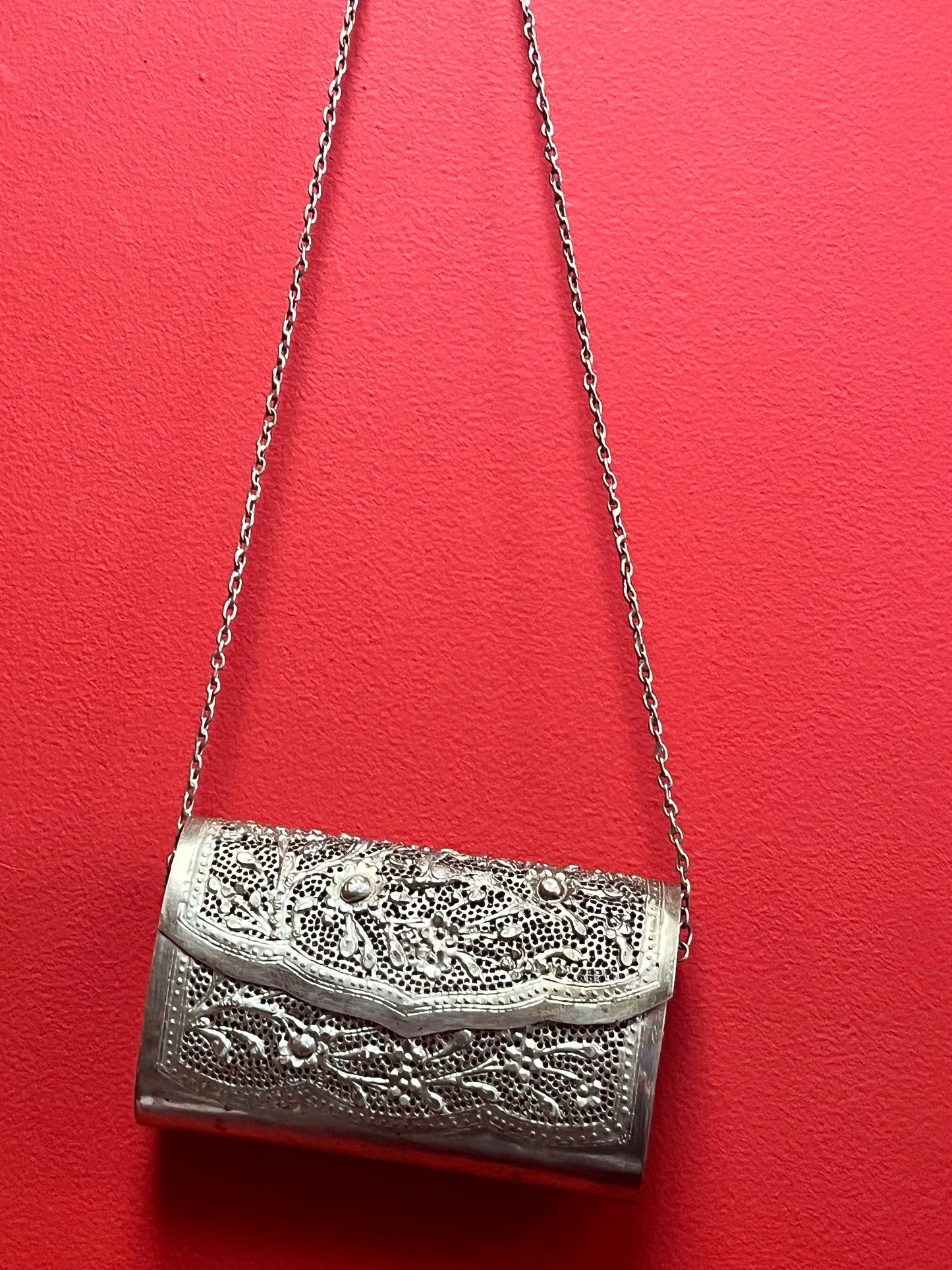 Beautiful 6 1/2 x 5 high silver filigree Cambodian Purse with chain  unique piece