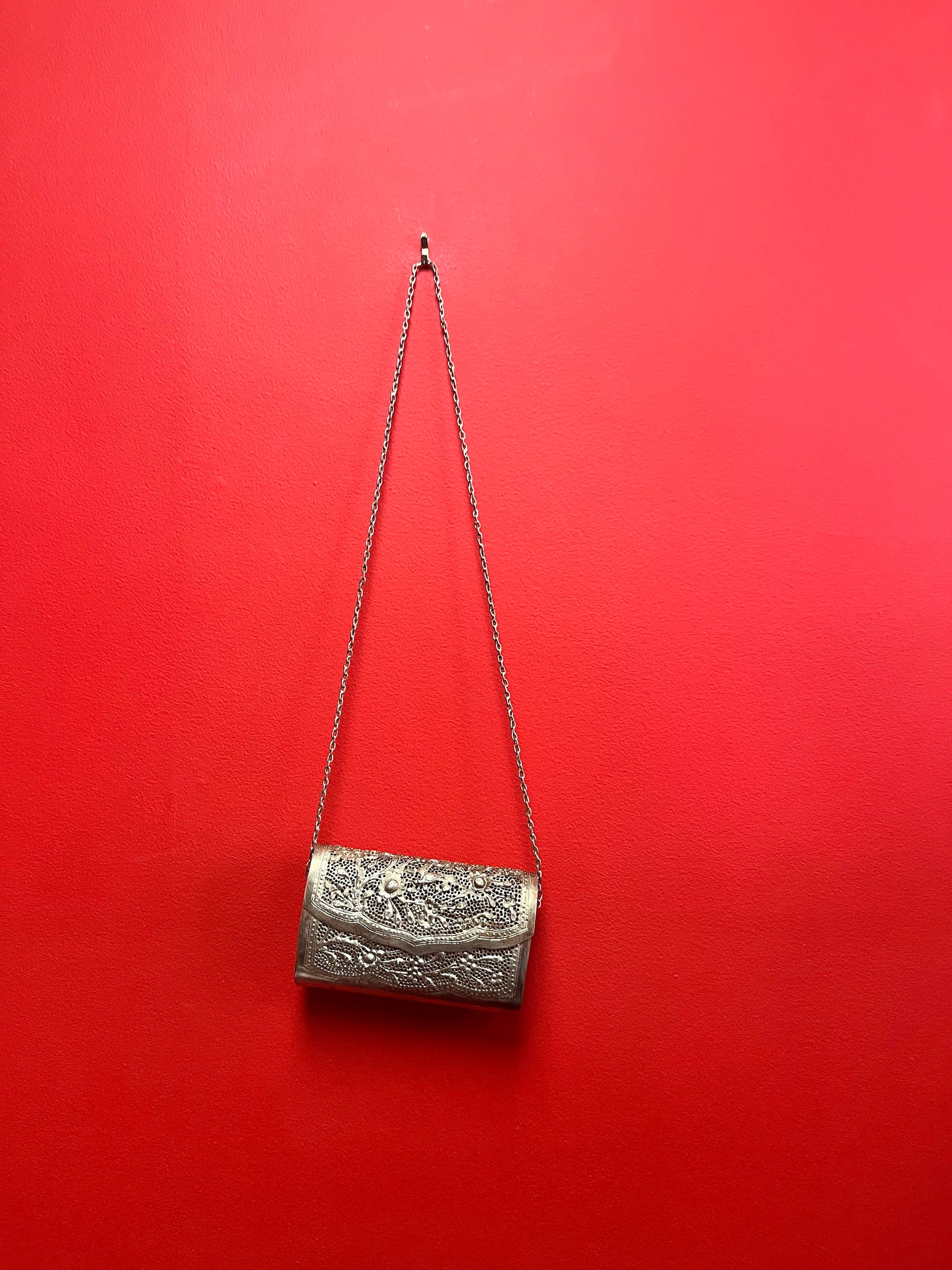 Beautiful 6 1/2 x 5 high silver filigree Cambodian Purse with chain  unique piece