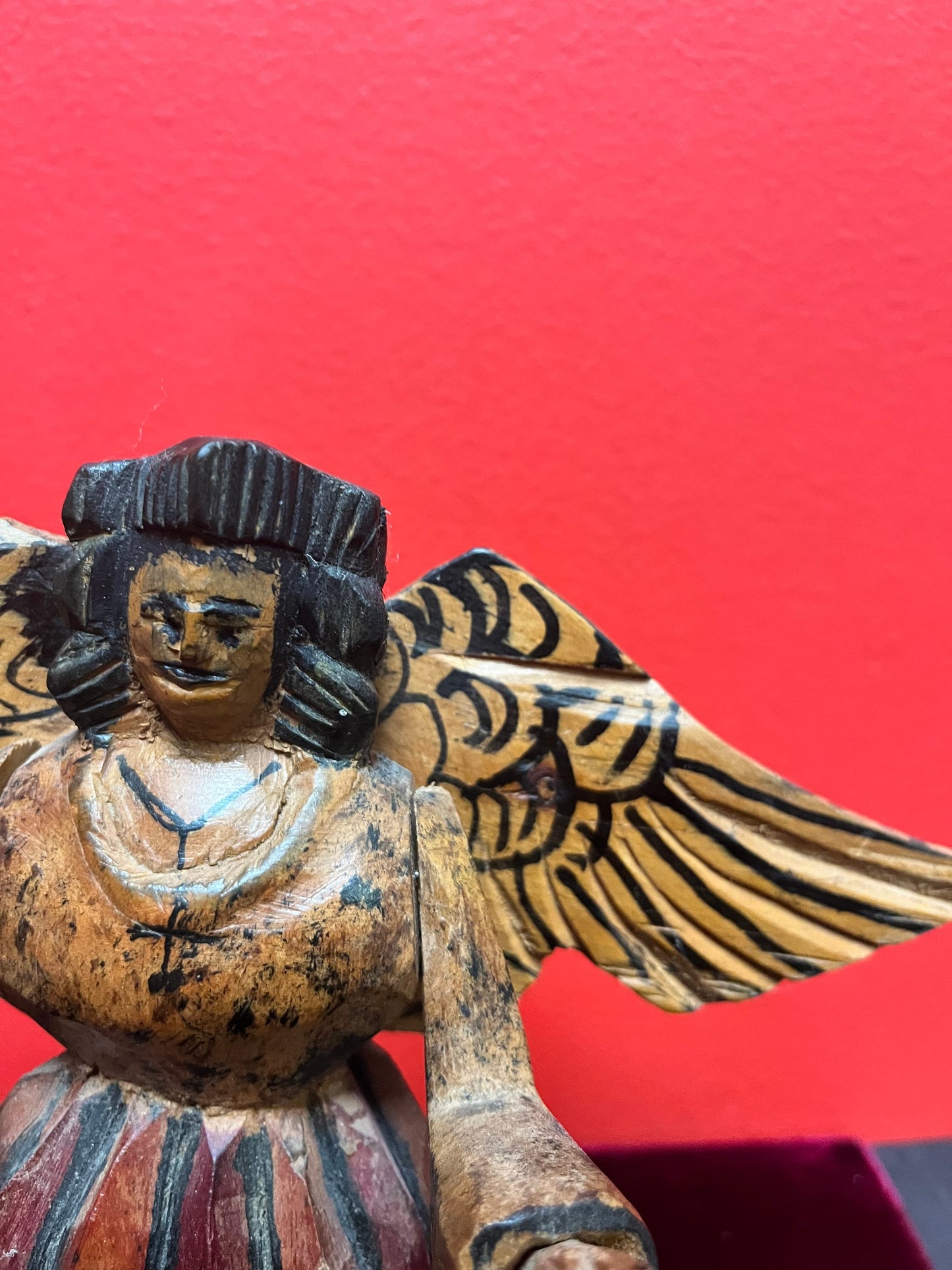 Stunning antique South American 9 inch primitive polychrome painted wooden cherub  outstanding piece