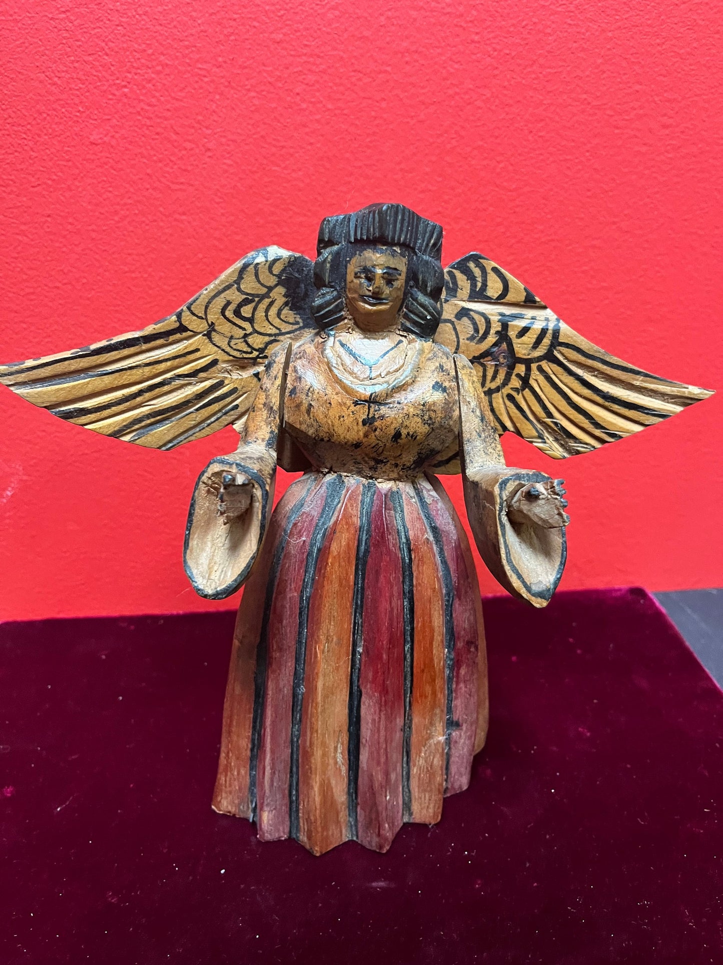 Stunning antique South American 9 inch primitive polychrome painted wooden cherub  outstanding piece