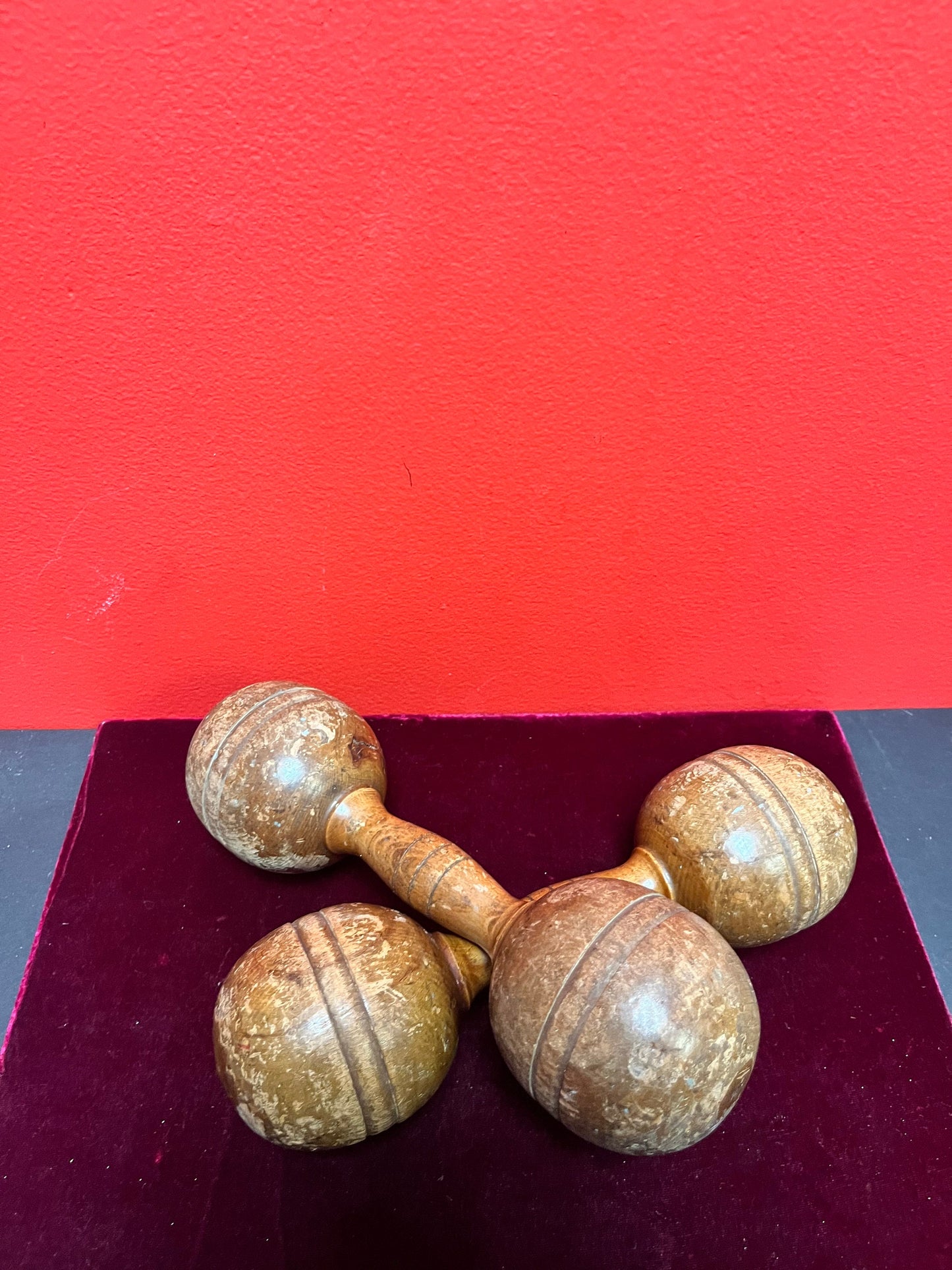 Antique 10 inch long, approximately 2 pounds each wooden dumbbells   used condition  so cool