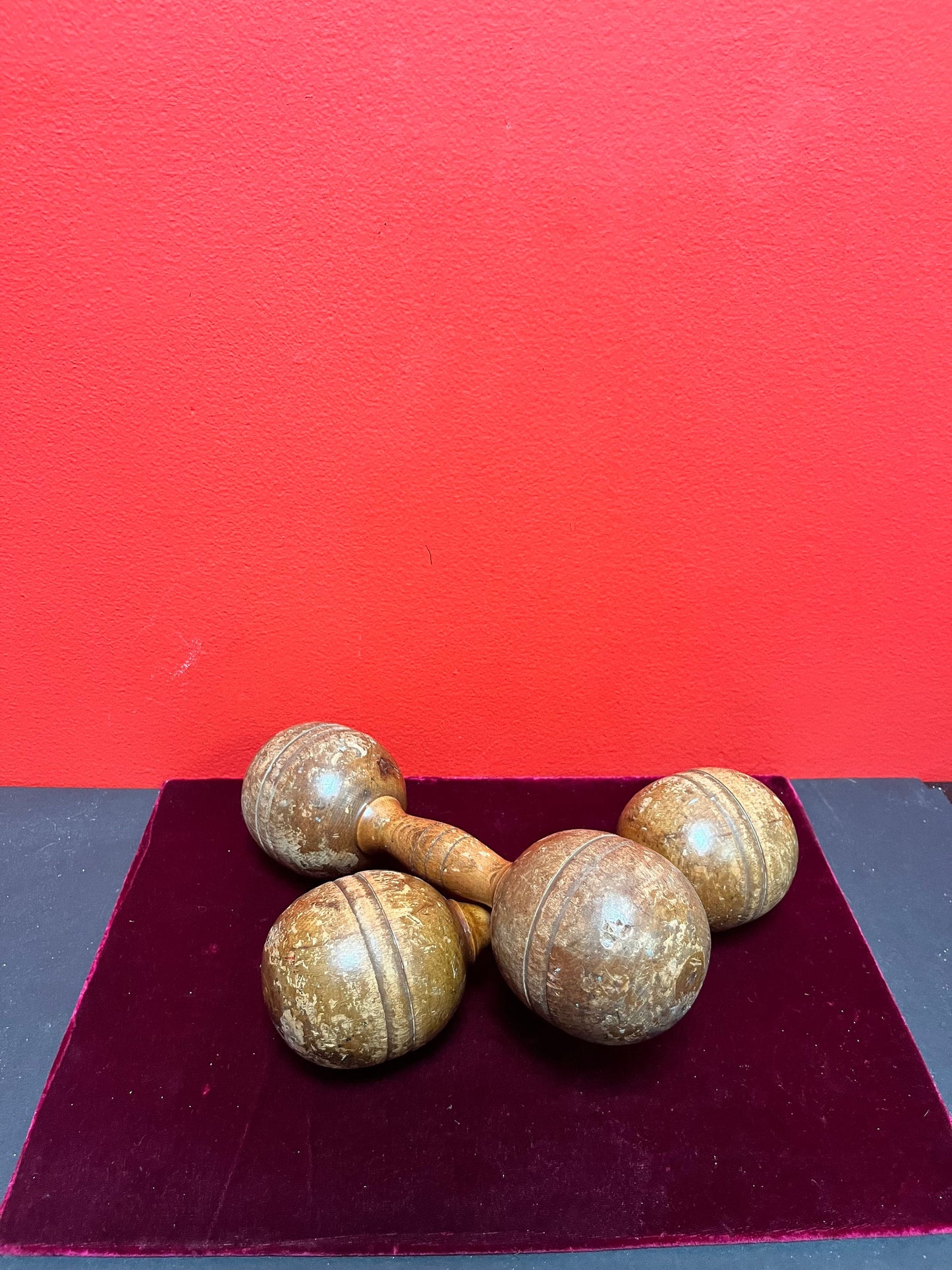 Antique 10 inch long, approximately 2 pounds each wooden dumbbells   used condition  so cool