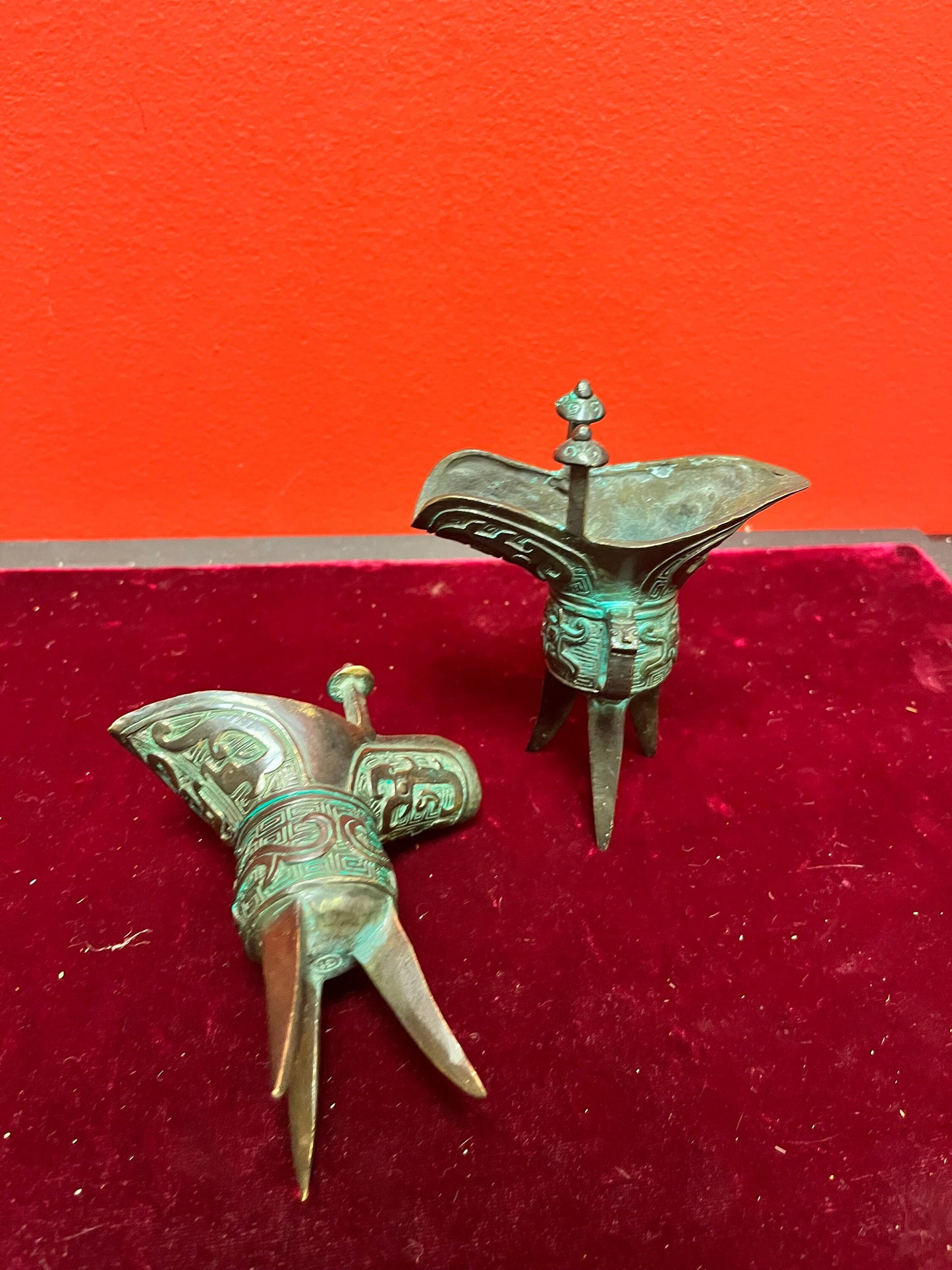 Pair of old Chinese, 5 inch high bronze vessels  wonderful Patina