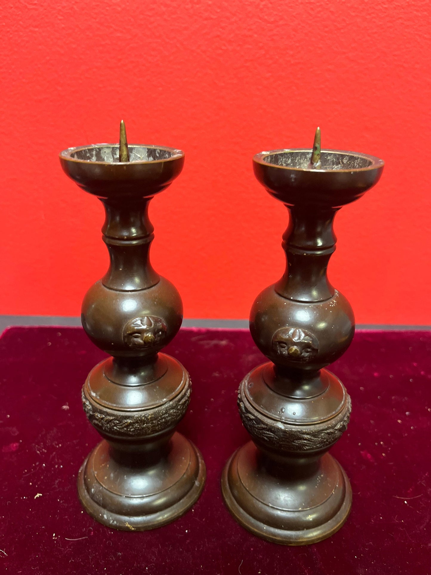 Lovely antique Japanese Meiji bronze 6 inch high candlesticks - great condition and a super gift wow