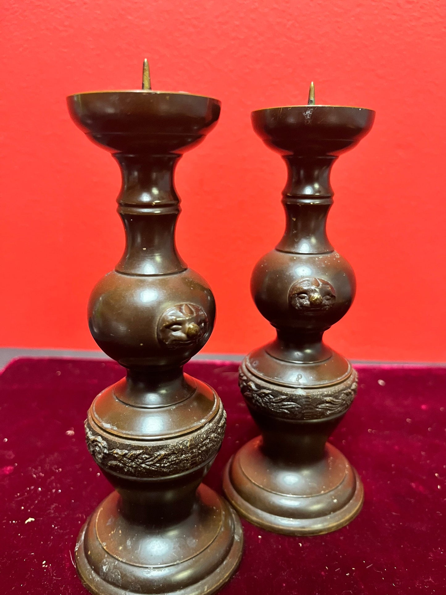 Lovely antique Japanese Meiji bronze 6 inch high candlesticks - great condition and a super gift wow