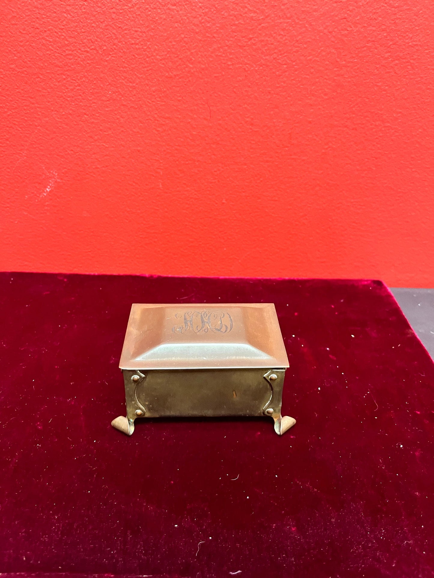 3 1/2 x 2 1/2 x 2 high  small arts and crafts bronze box  nice patina and condition