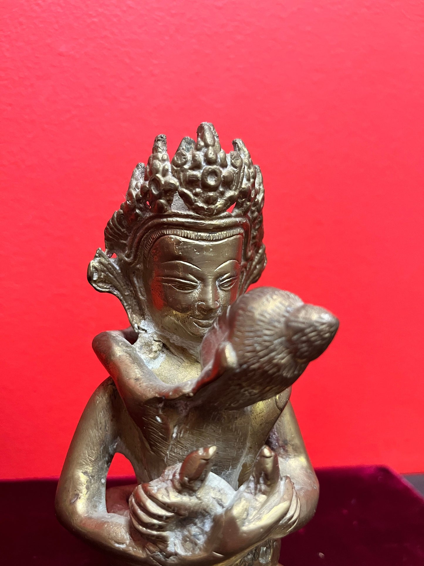 Fabulous 8 inch tall Asian antique brass heavy goddess with child  great detail  see photos