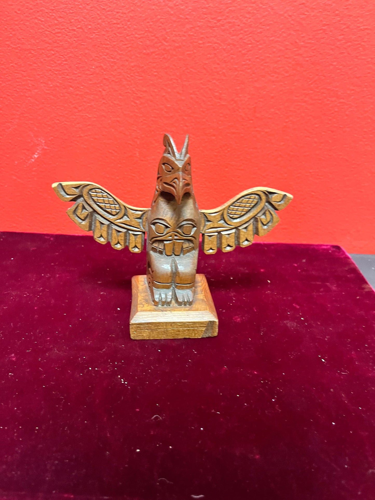 6 x 5“ high  lovely older signed cedar Indigenous First Nations pacific northwest coast winged totem pole  lovely