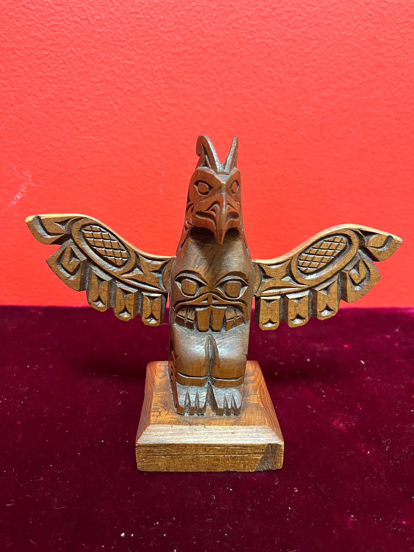 6 x 5“ high  lovely older signed cedar Indigenous First Nations pacific northwest coast winged totem pole  lovely