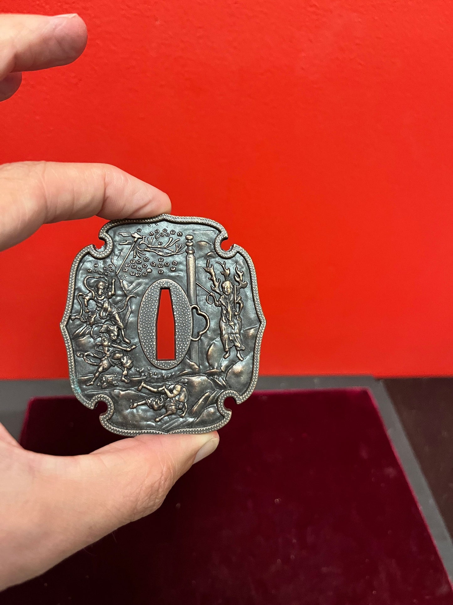 Very lovely antique authentic Japanese bronze 3 1/2 inch tall samurai tsuba  Great, Patina, and great condition