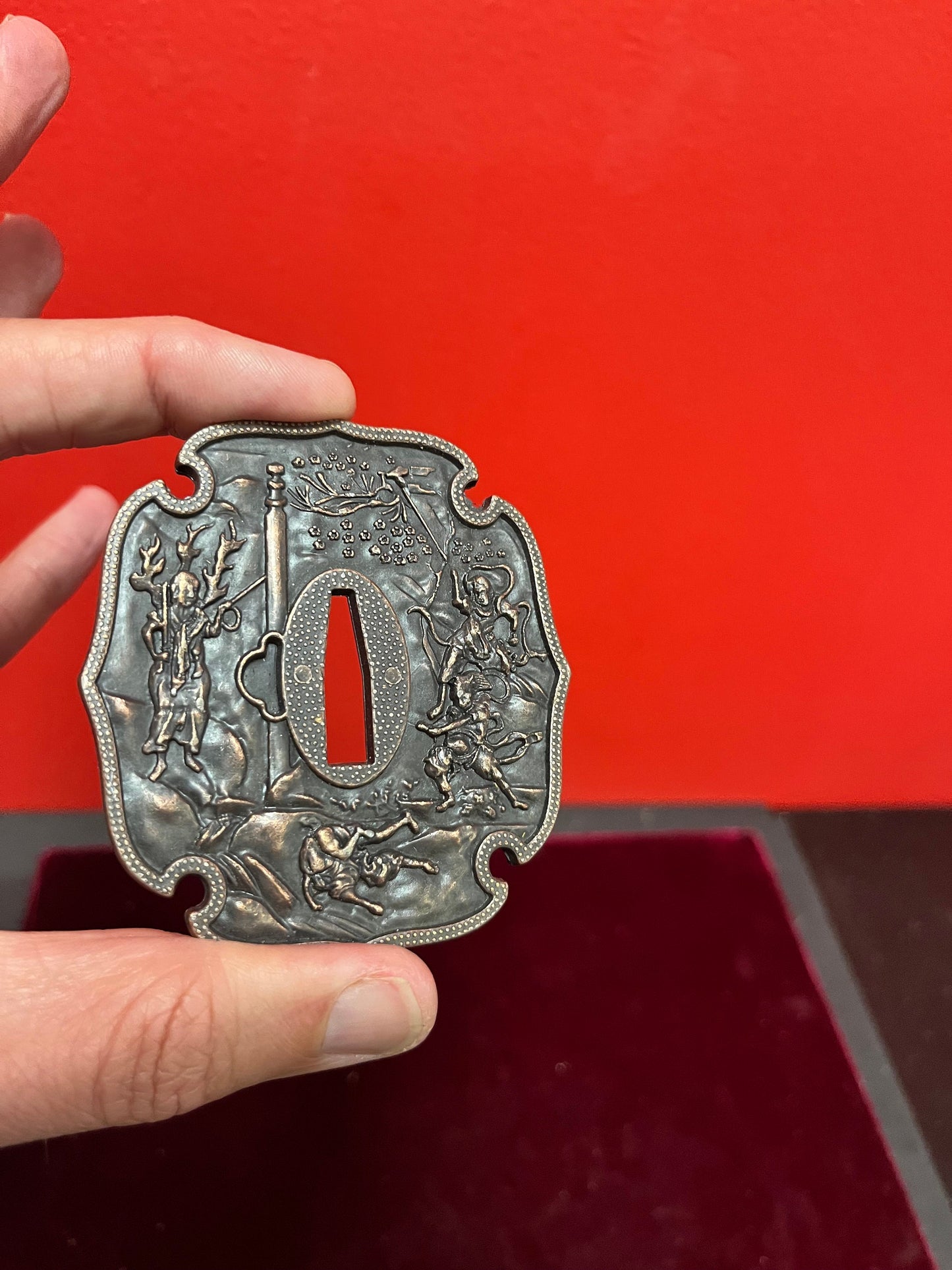 Very lovely antique authentic Japanese bronze 3 1/2 inch tall samurai tsuba  Great, Patina, and great condition