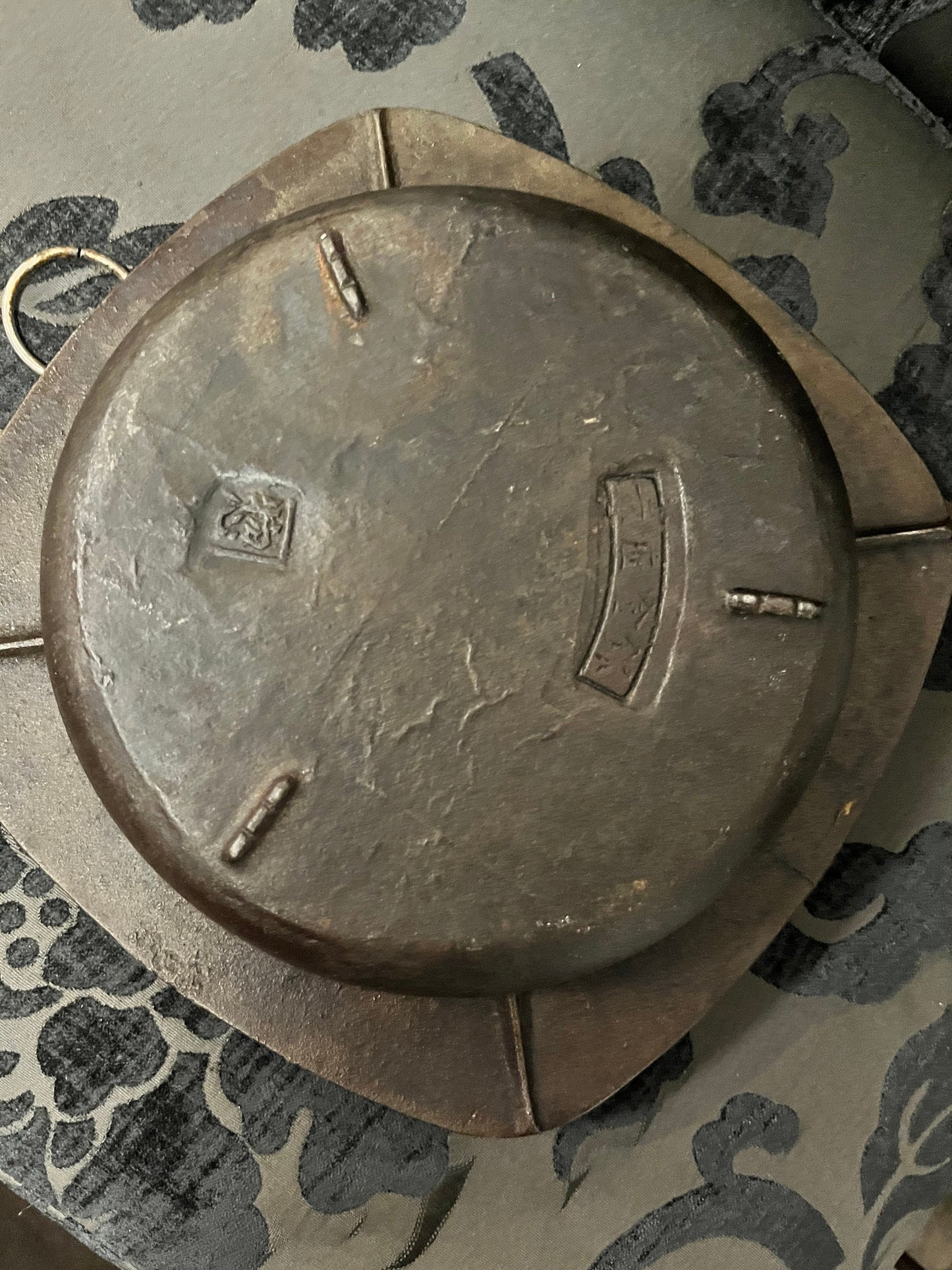 Stunning 11 inch across Japanese Bronze Antique ceremonial dish with handles signed  amazing patina  wow