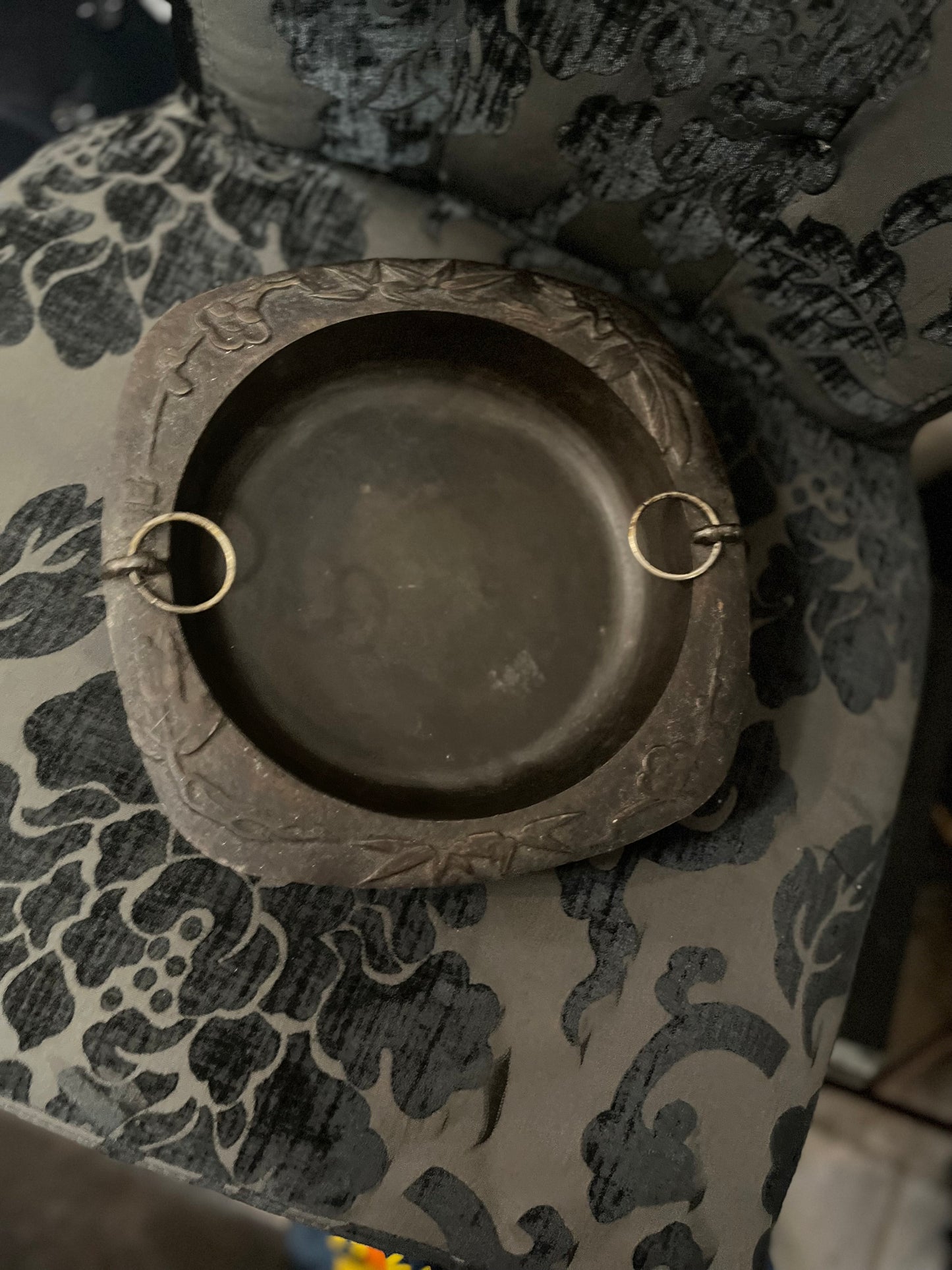 Stunning 11 inch across Japanese Bronze Antique ceremonial dish with handles signed  amazing patina  wow