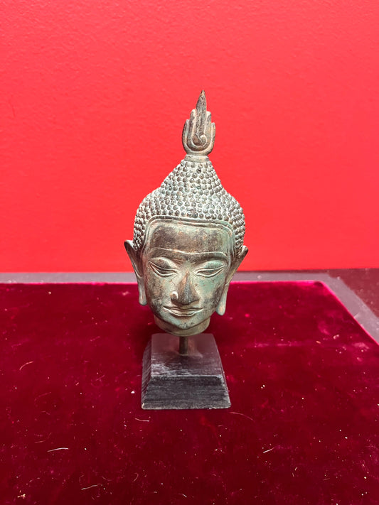 Lovely 7 inch old Thai bronze serene Buddha head on base  Fabulous Patina and quality