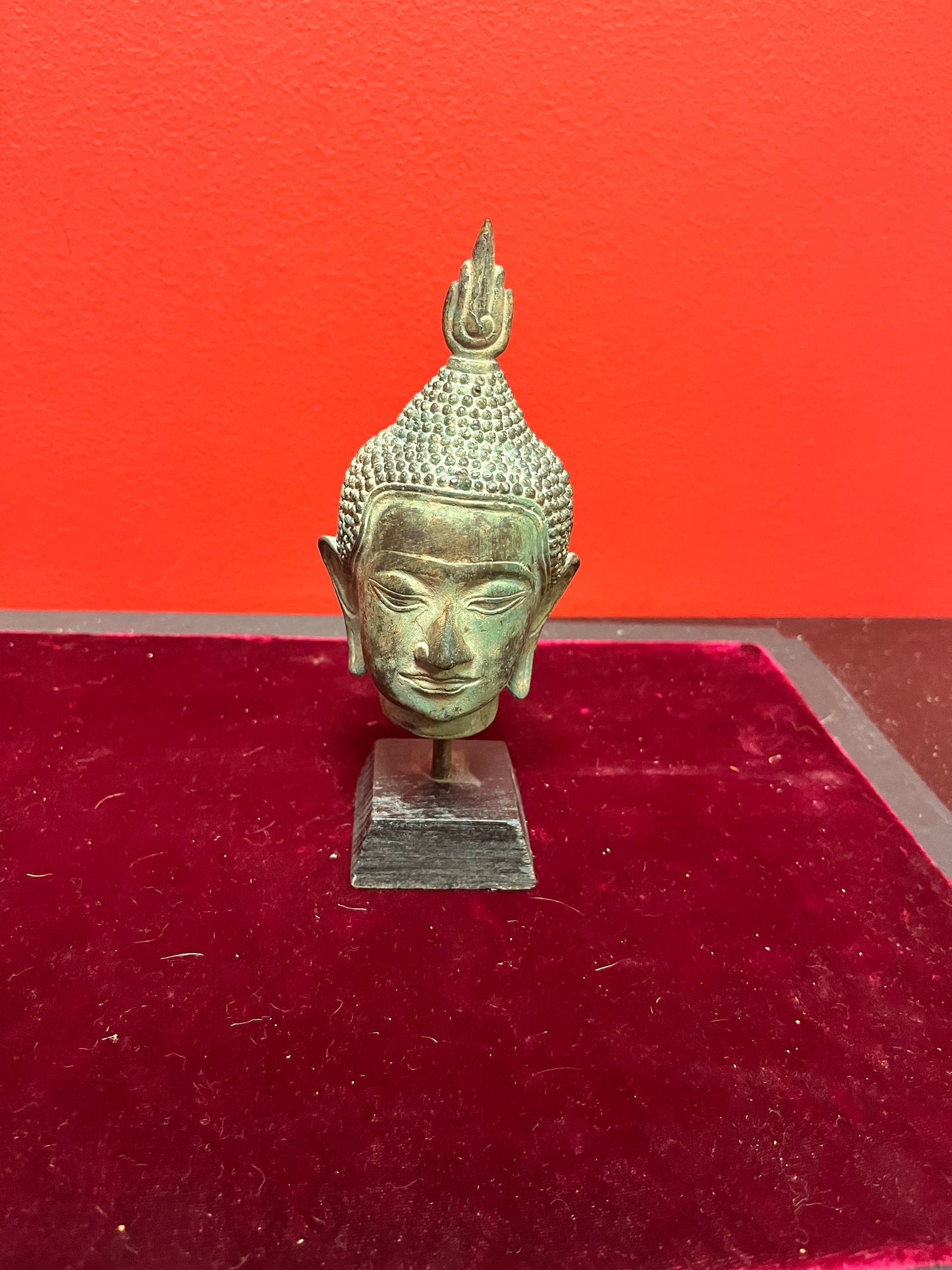 Lovely 7 inch old Thai bronze serene Buddha head on base  Fabulous Patina and quality