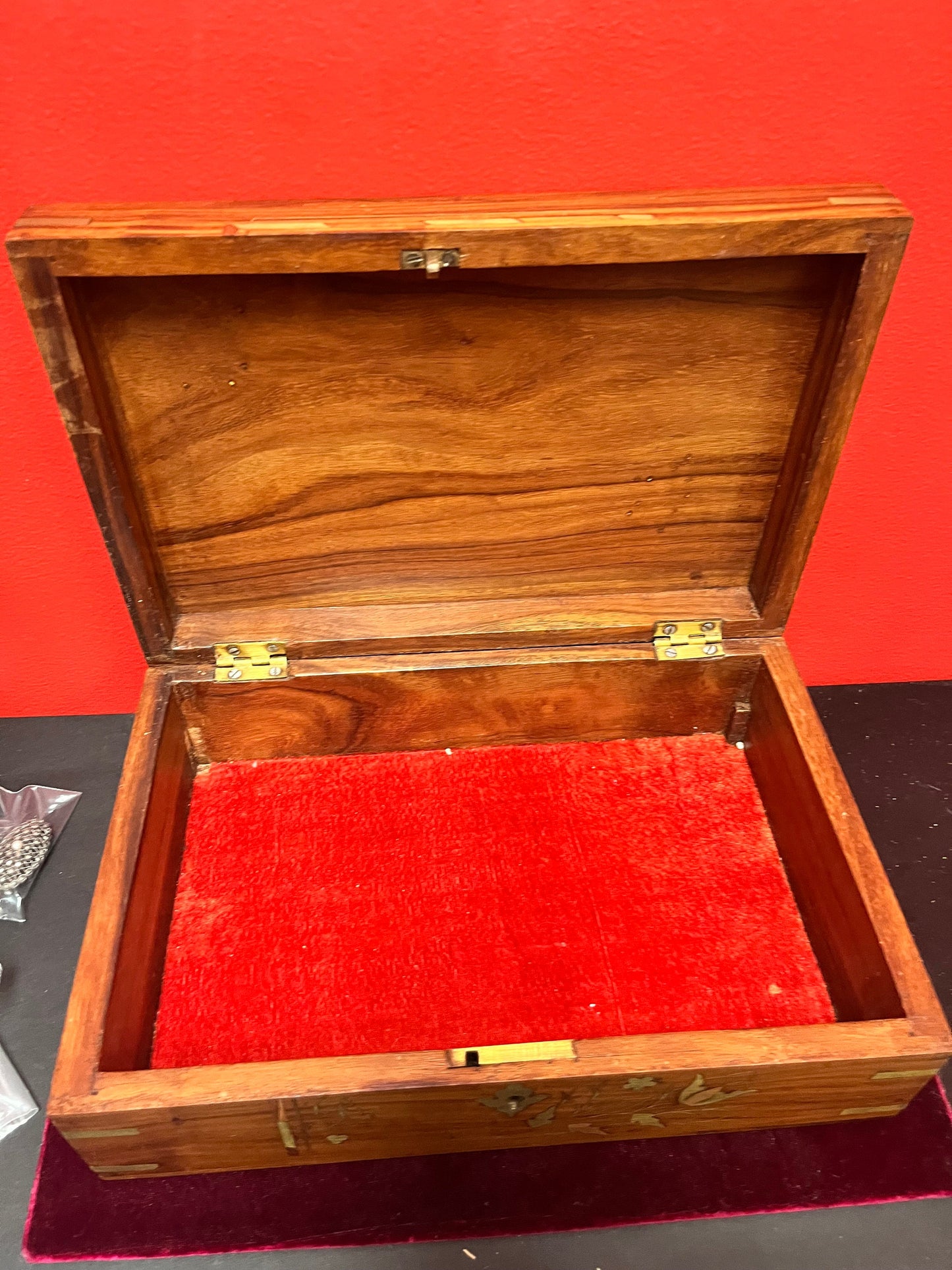 Lovely 12 x 8 x 4 high Indian wooden and brass jewellery box  great gift