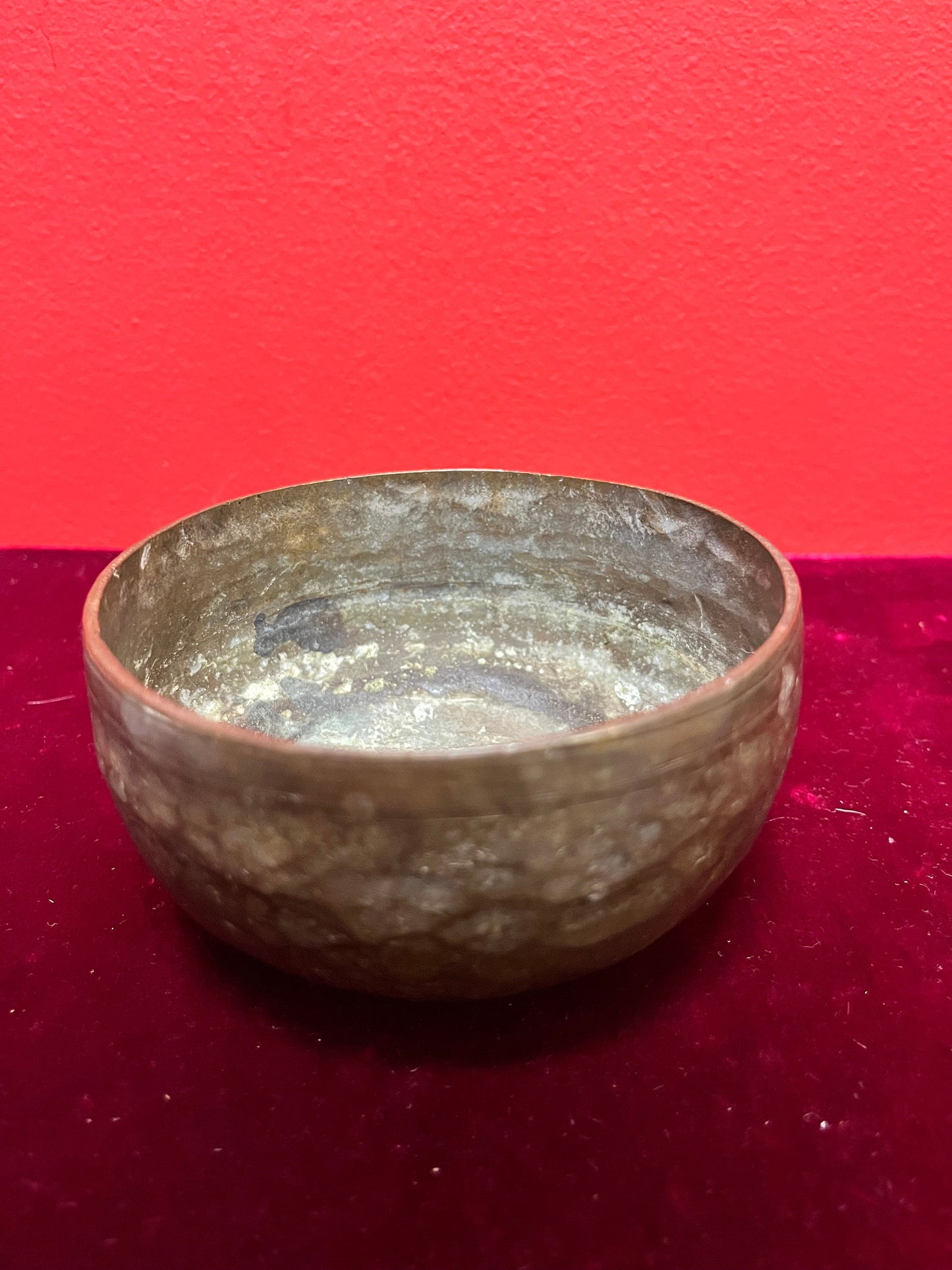 A  4 1/2 x 2 fabulous ancient ceremonial bronze singing bowl owl stick  wonderful Patina and so much character -