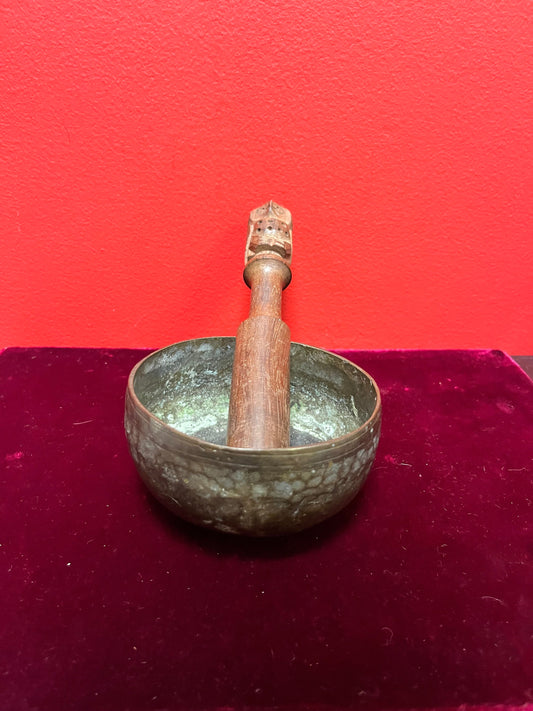 A  4 1/2 x 2 fabulous ancient ceremonial bronze singing bowl owl stick  wonderful Patina and so much character -