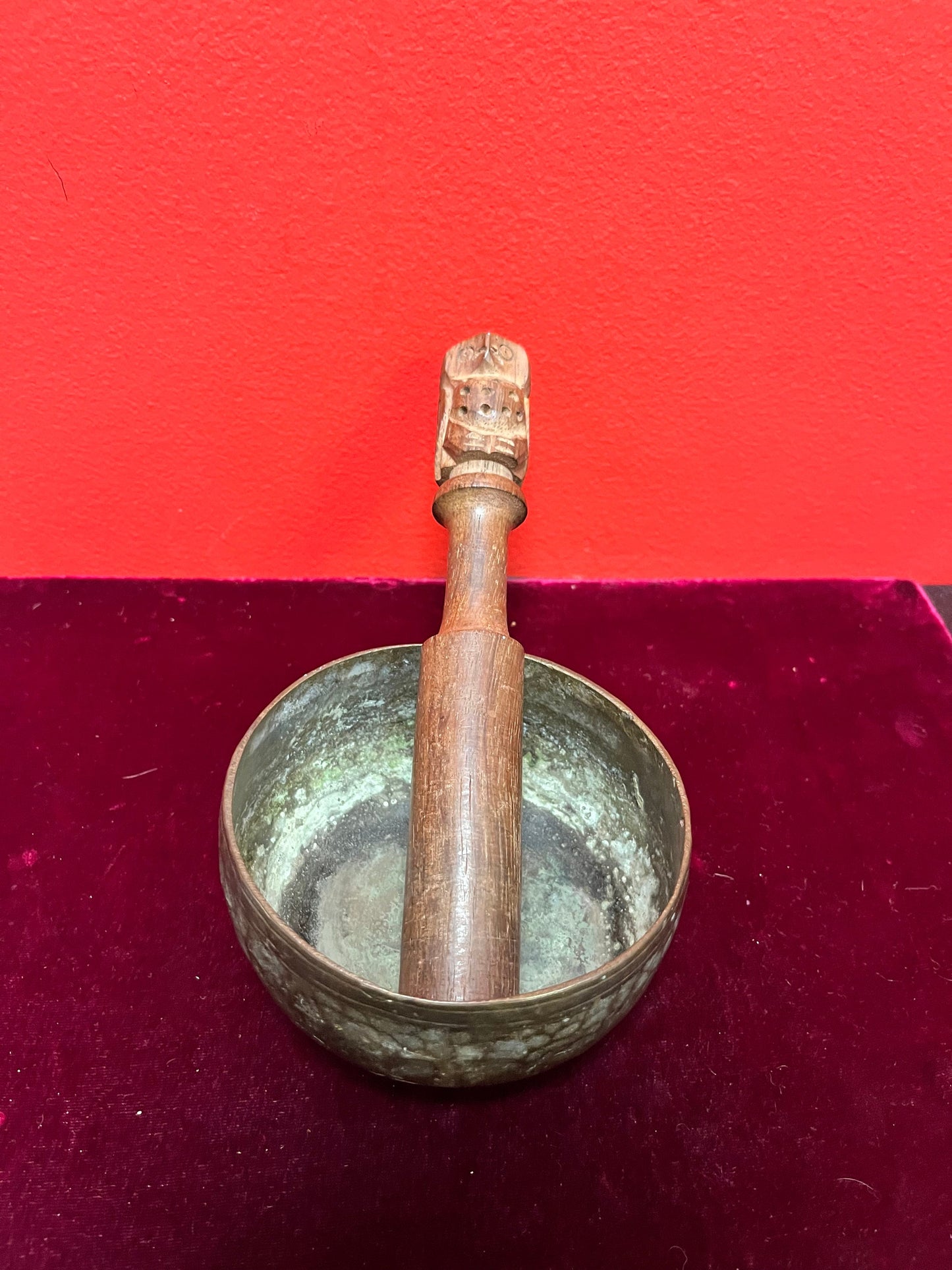 A  4 1/2 x 2 fabulous ancient ceremonial bronze singing bowl owl stick  wonderful Patina and so much character -