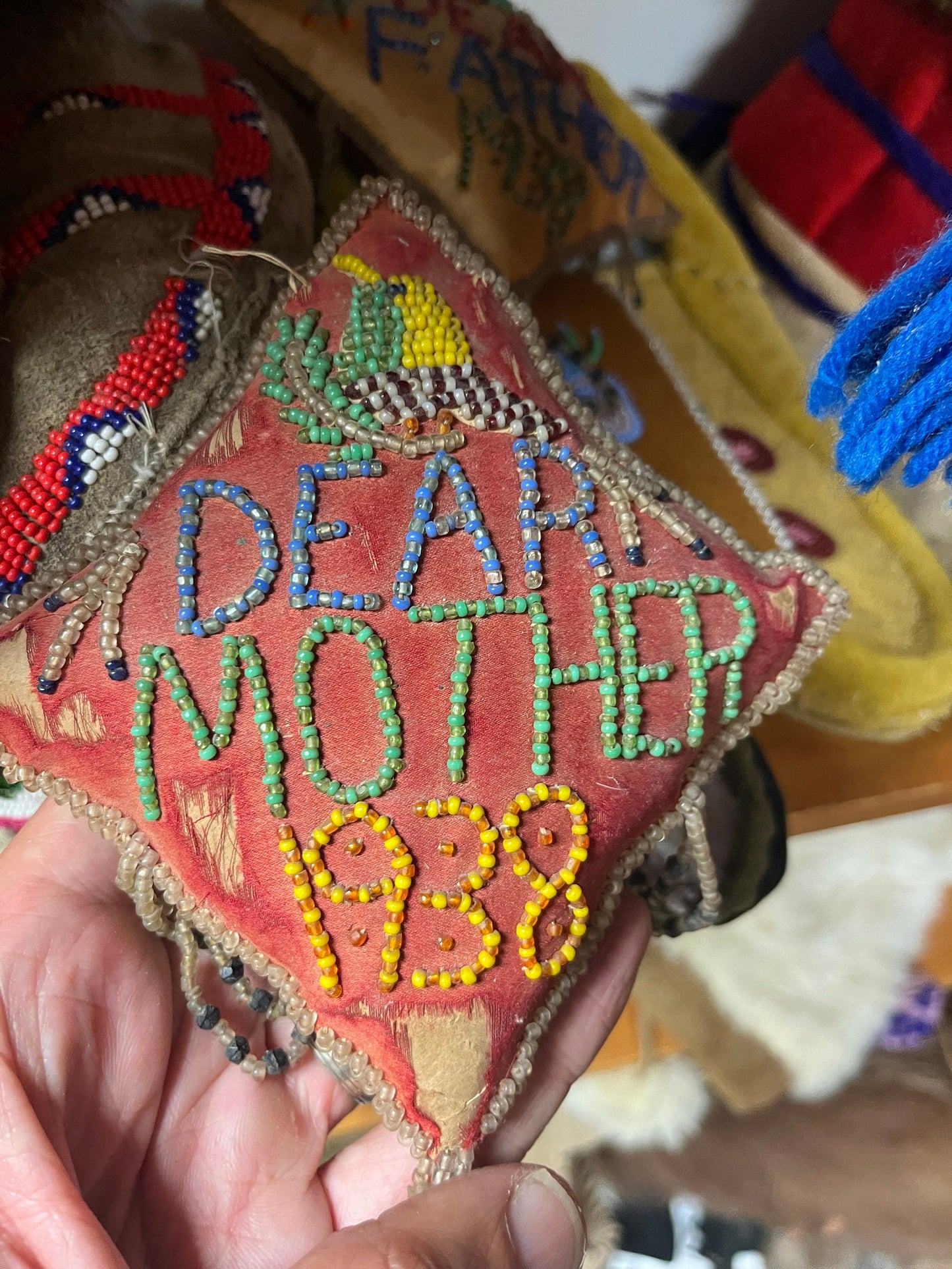 A  4 inch indigenous First Nations pacific northwest coast 1938 beaded cushion   mother   spectacular  as is