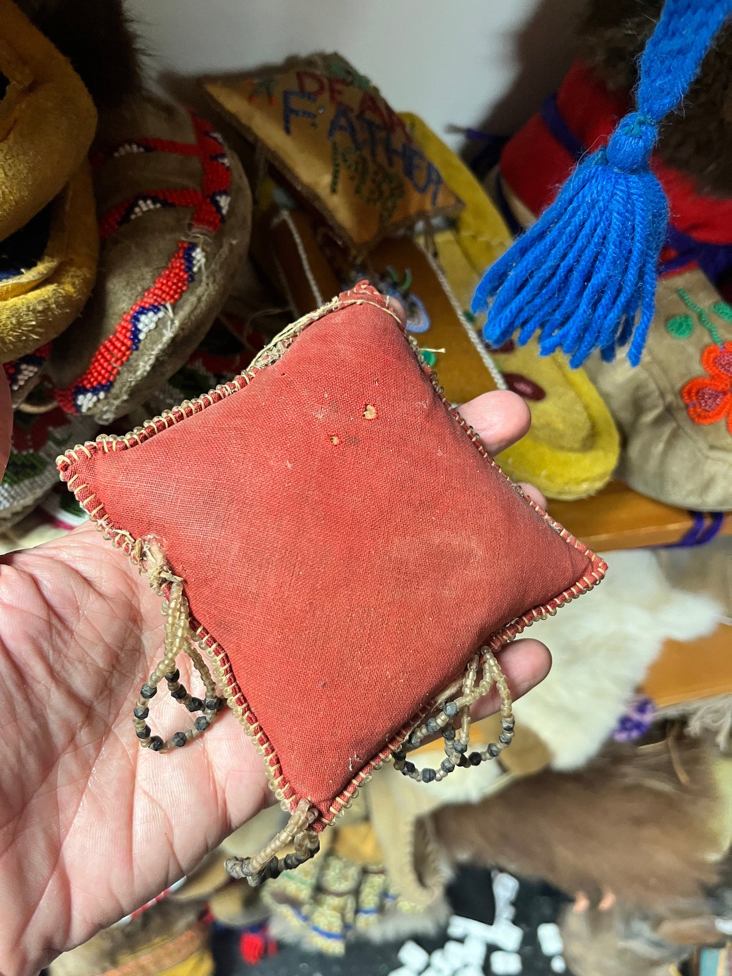 A  4 inch indigenous First Nations pacific northwest coast 1938 beaded cushion   mother   spectacular  as is