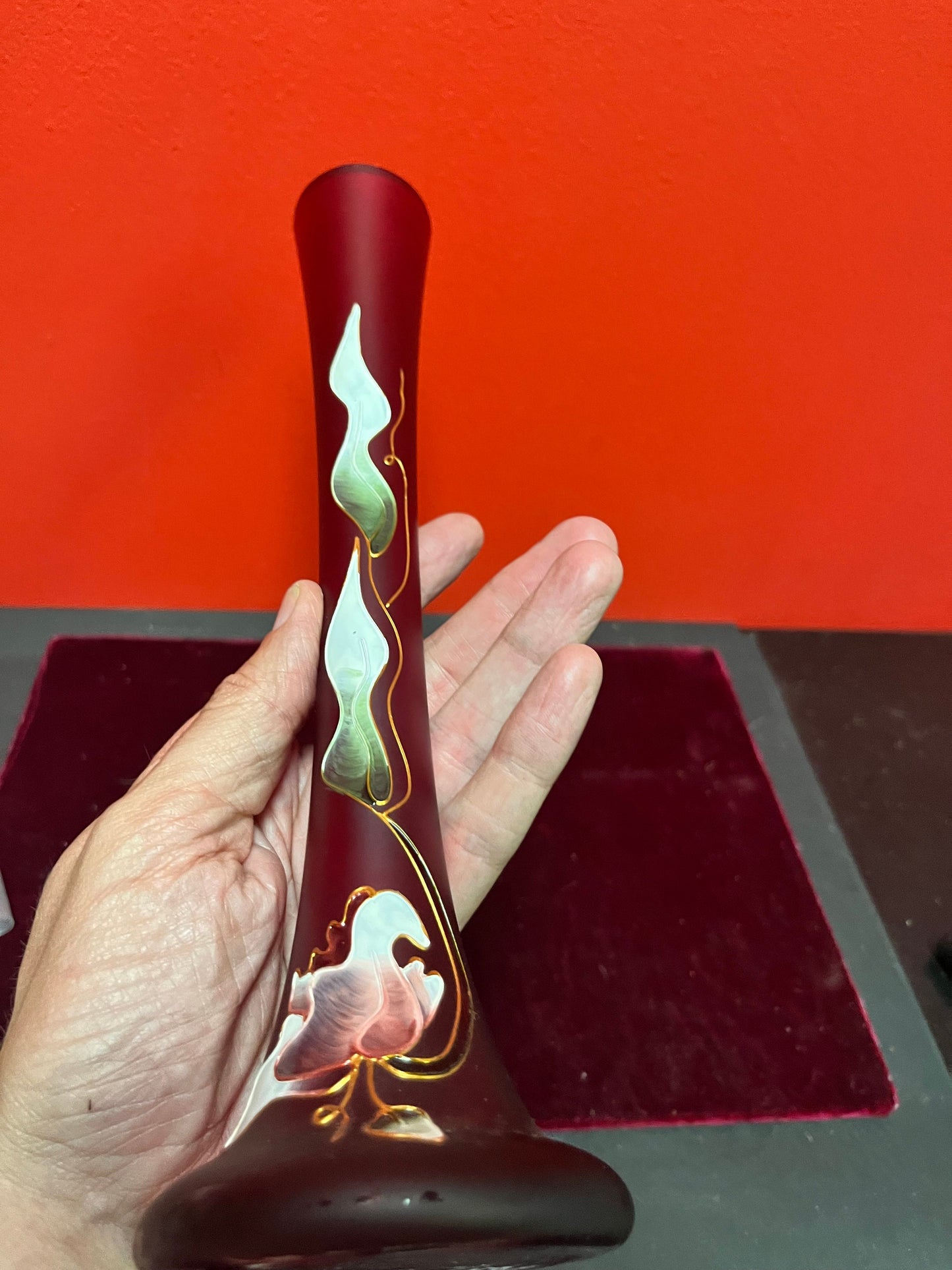 Absolutely stunning 12 inch antique hand painted cameo art glass vase - to die for